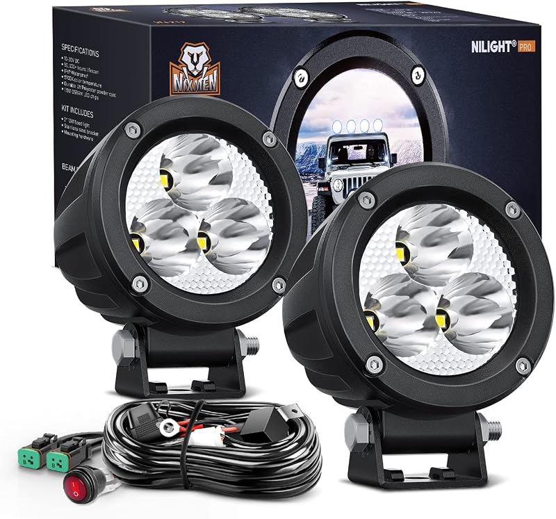 Nilight 2 PCS 3 Inch Round Motorcycle Spot LED Light Pods | 1550LM Built-in EMC for Offroad Fog Driving Auxiliary Ditch Lights on Motorbike SUV ATV Truck Boat Tractor Forklift