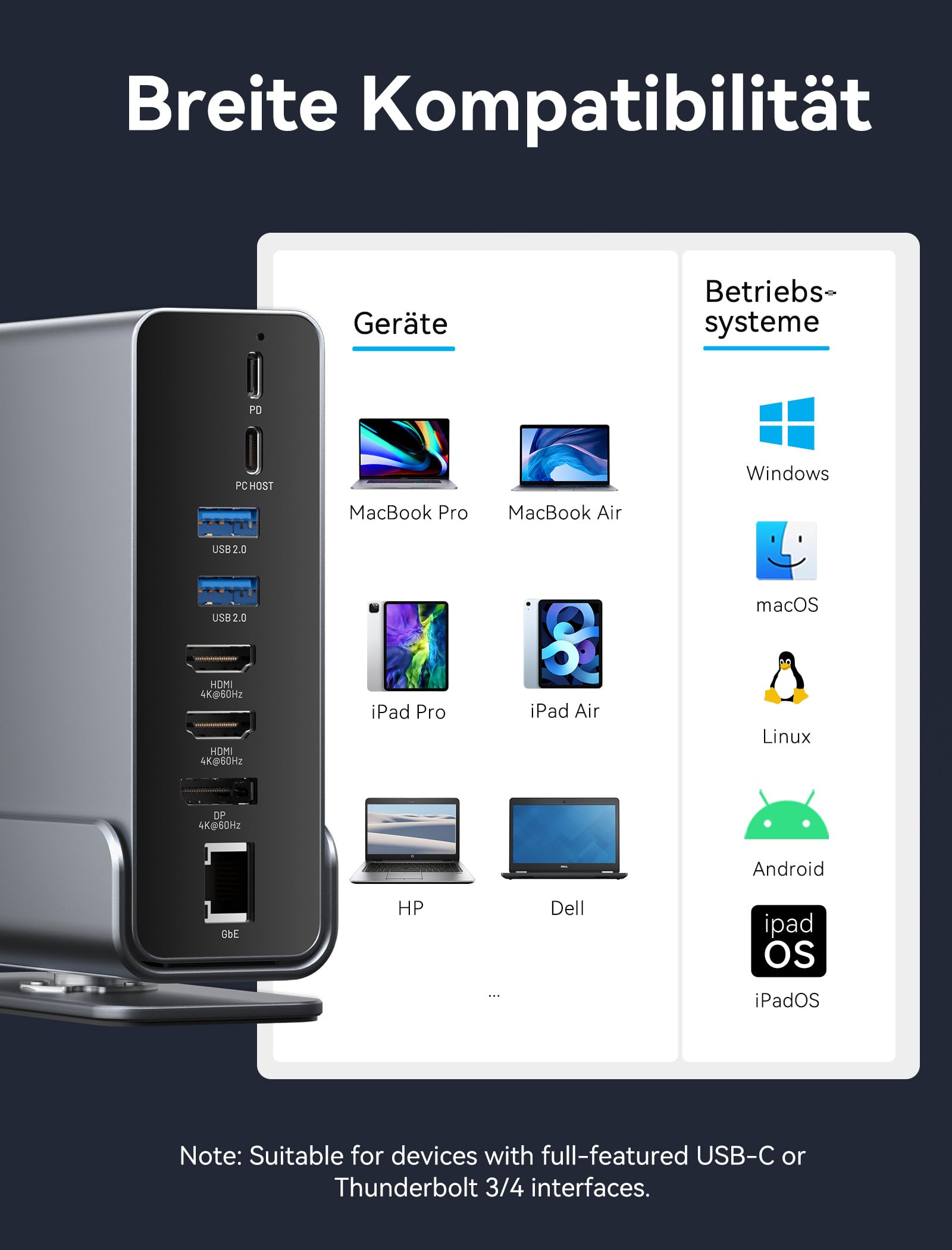 VENTION USB C Docking Station, 15-IN-1 DockingStation Laptop 3 Monitore Unterstützung 2*4K HDMI + DP, Thunderbolt 3/4 kompatibel mit Dell/HP/Lenovo, 10Gbps USB, 100W PD, Gigabit Ethernet, SD/TF, Dark