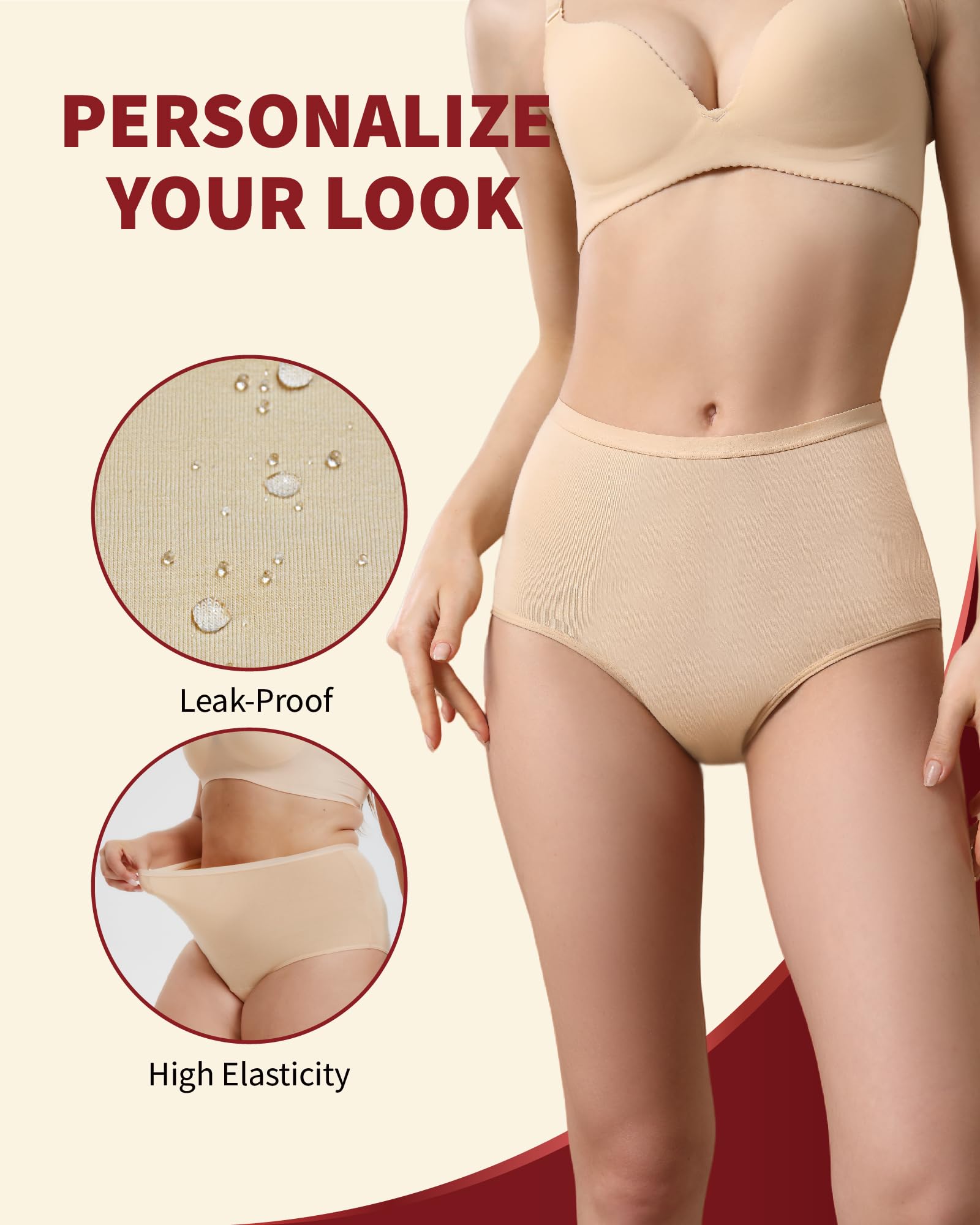 Ropa interior lavable para incontinencia para mujer, a prueba de fugas, absorbentes, de cintura alta para fugas, paquete de 2 (beige, L)