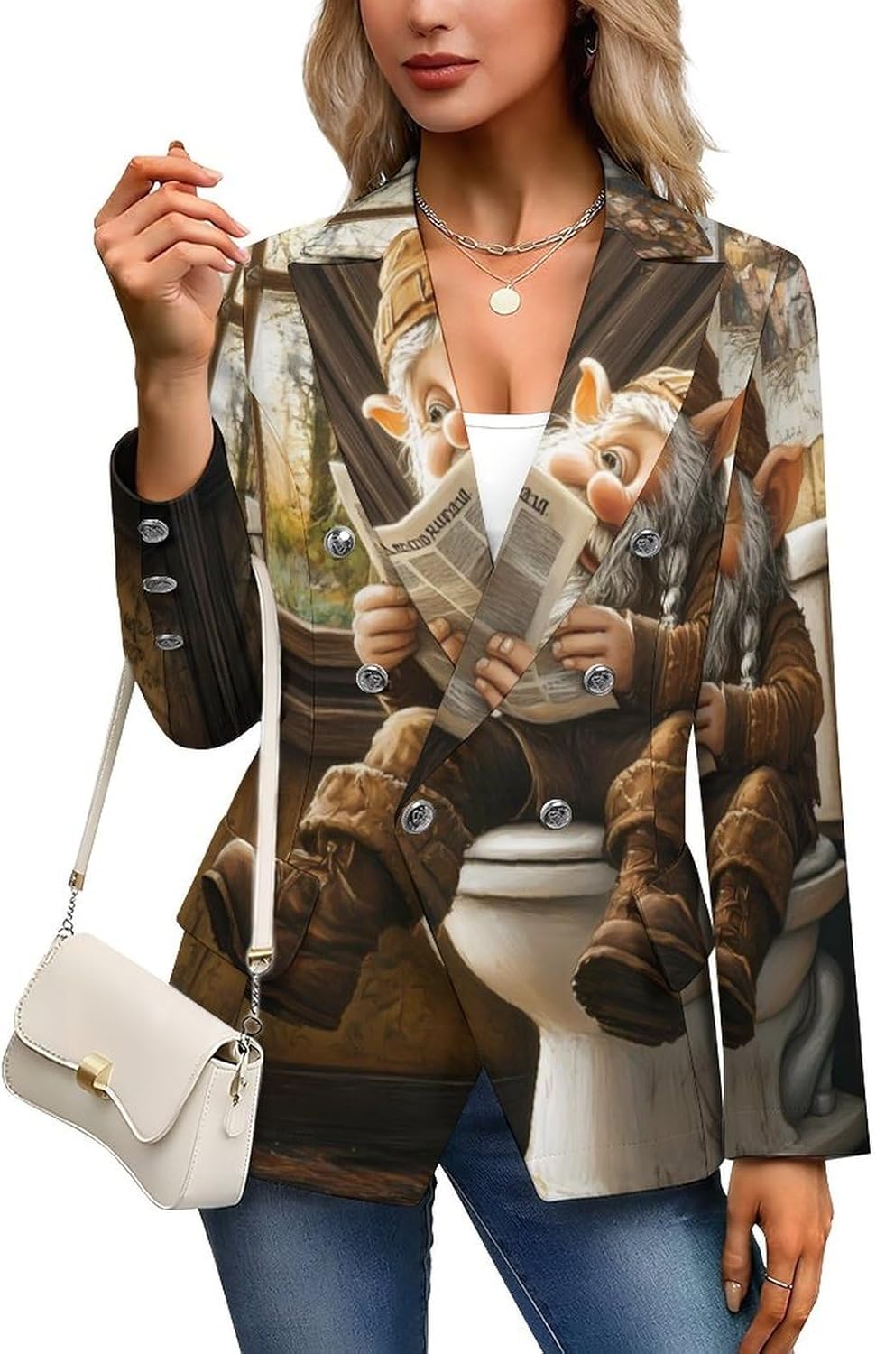 Dwarf Sitting in Toilet Reading Newspaper Women's Blazer Long Sleeve Suits Business Casual Blazers Jackets Lapel Open Front Suit