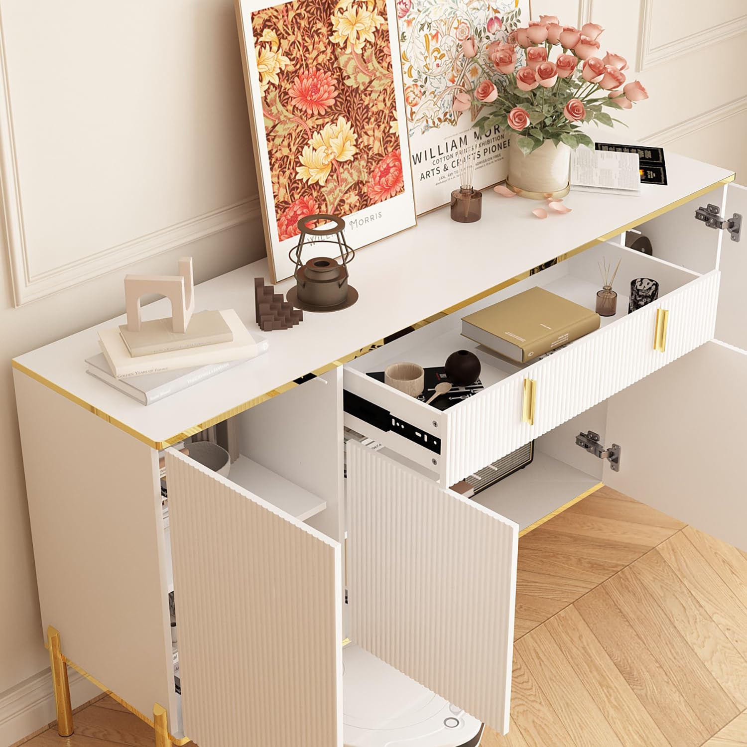 Caldion Buffet de Salon Vintage avec 4 Portes et 1 Tiroir Commode à étagères réglables