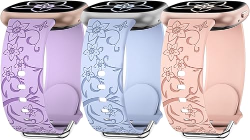W-RARA Paquete de 3 bandas grabadas florales compatibles con Fitbit Versa 4Versa 3Sense 2Sense Band para mujer, lindas correas de silicona suave con
