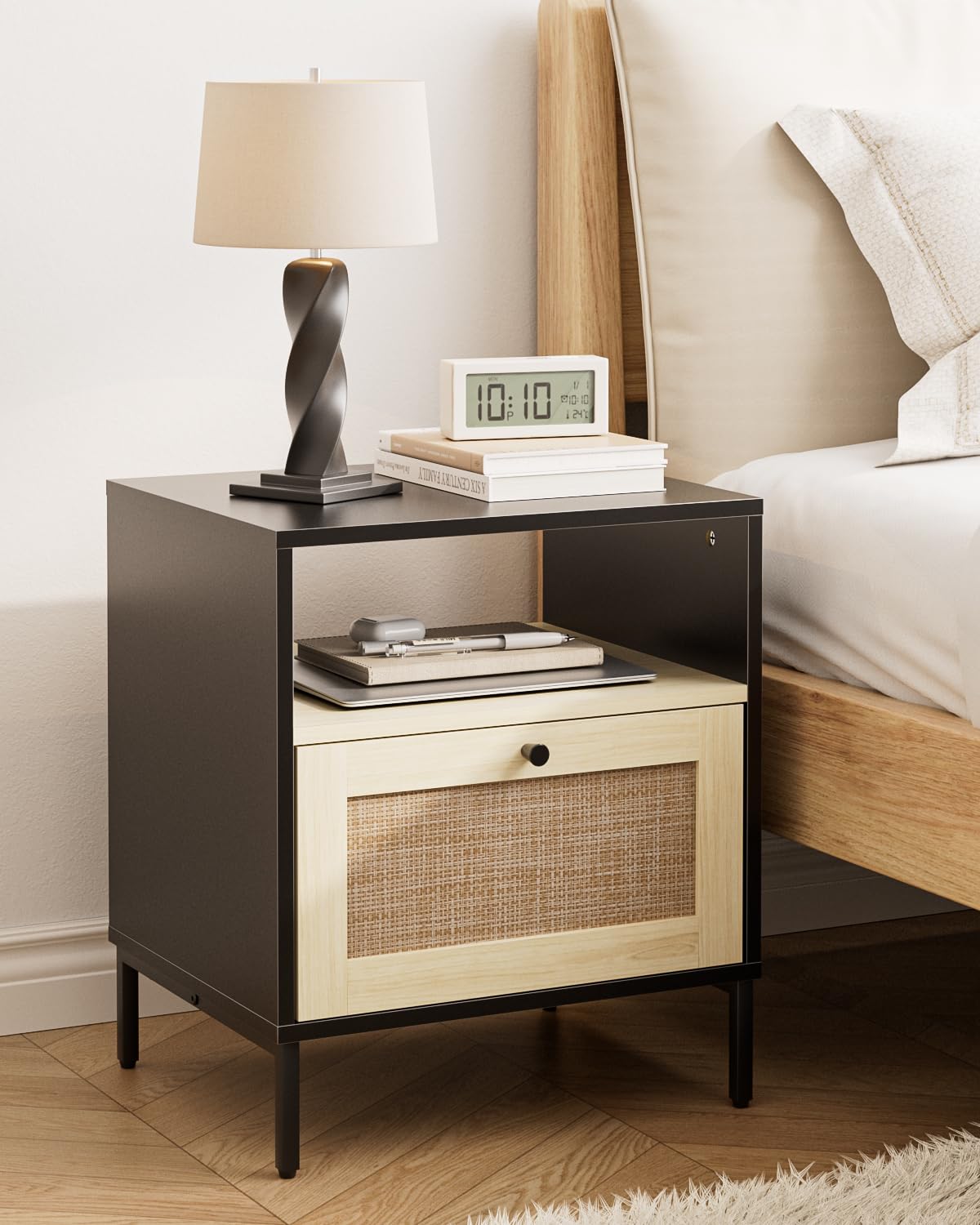 Nightstand Rattan Night Stand,Large Modern Side Table Boho Farmhouse Wood Bedside Table with Storage Drawer and Open Shelf,Large End Side Table for Bedroom,Living Room,Office(Black)