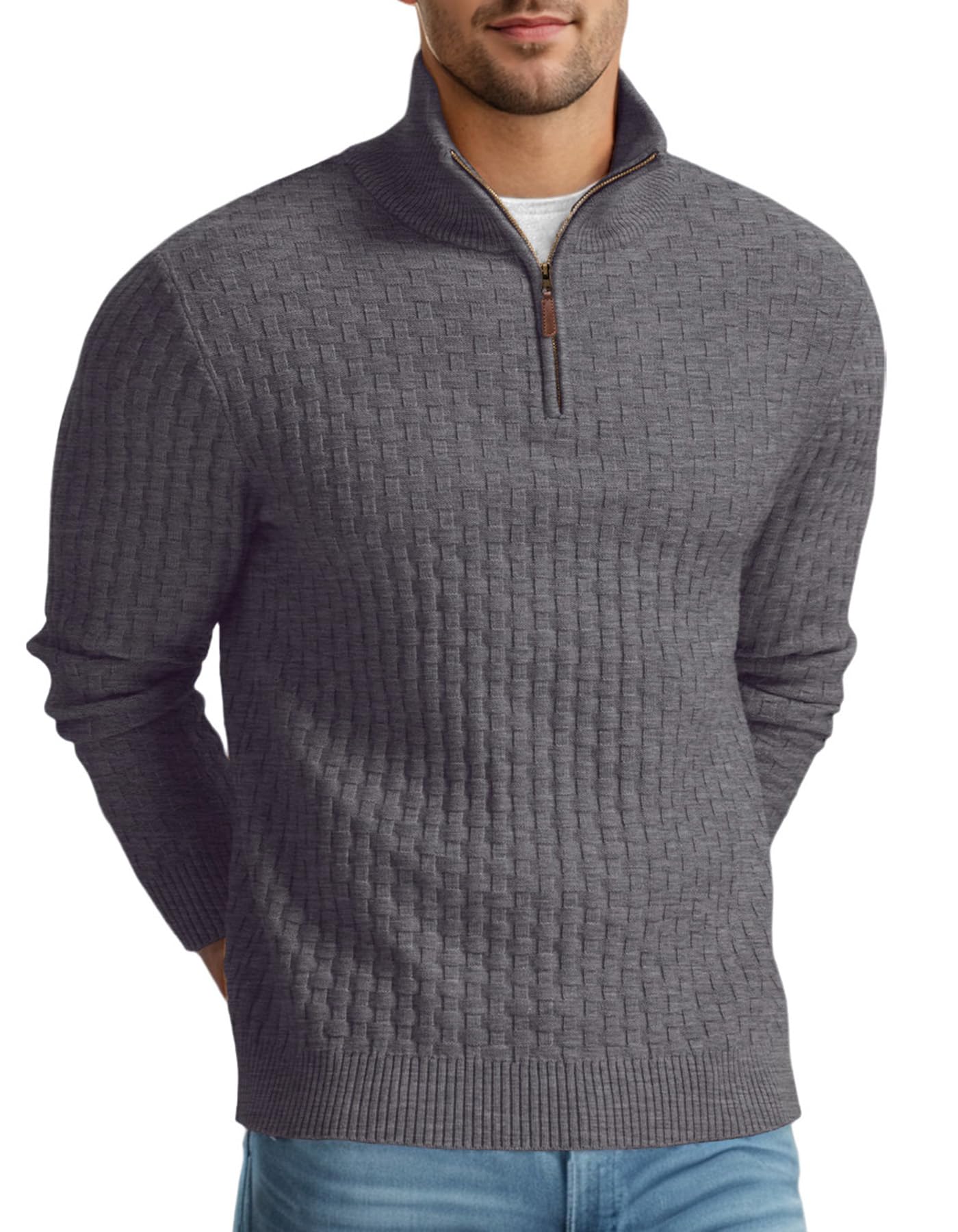askdeer men's quarter zip sweater waffle knit sweater mock neck polo sweater casual pullover sweater with ribbing edge xl