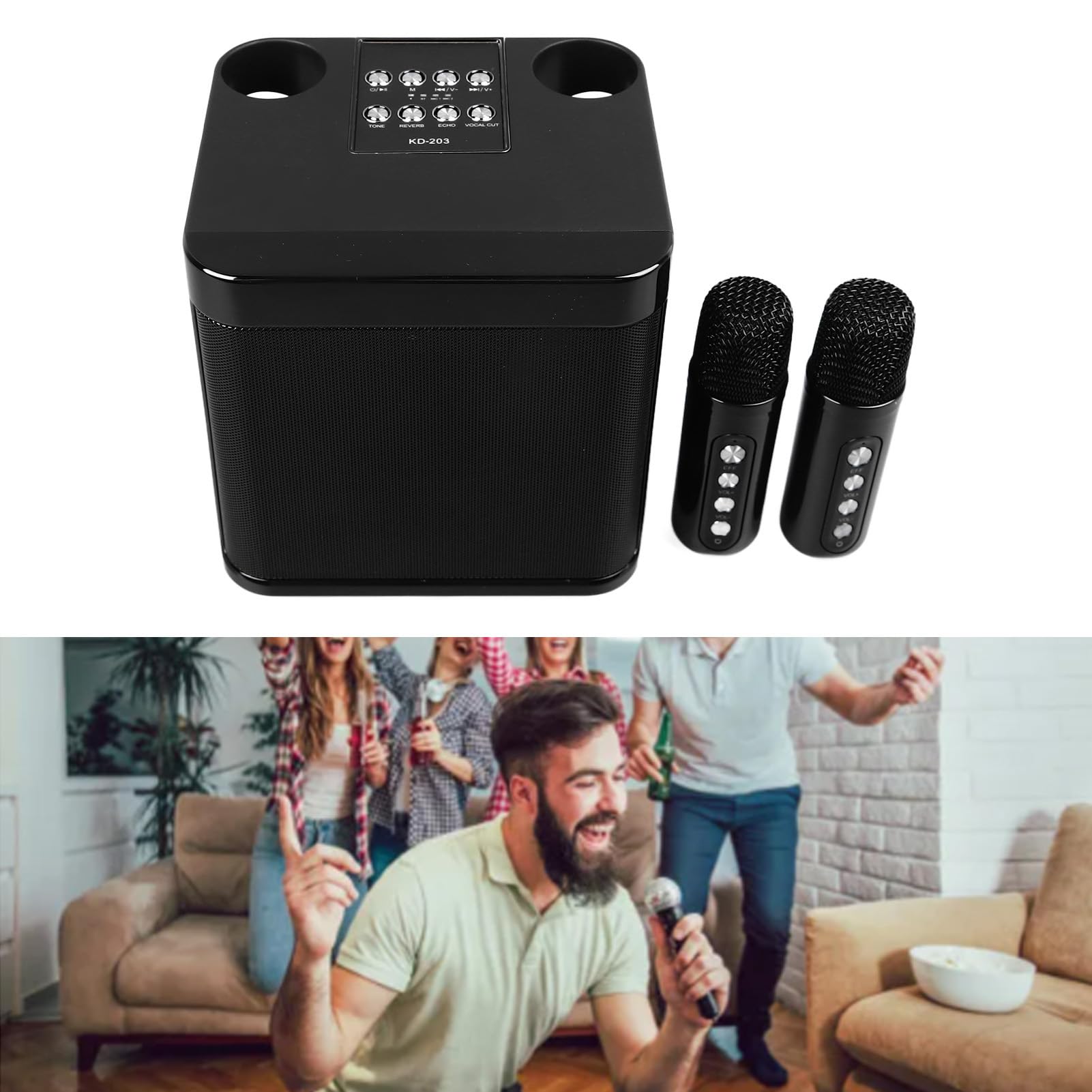Lazmin112 Altavoces de Karaoke Inalámbricos, Altavozcon 2 Micrófonos Inalámbricos, Mini Máquina de Karaoke Portátil para Fiestas en Casa, Camping, Potente Subwoofer, Uso Versátil