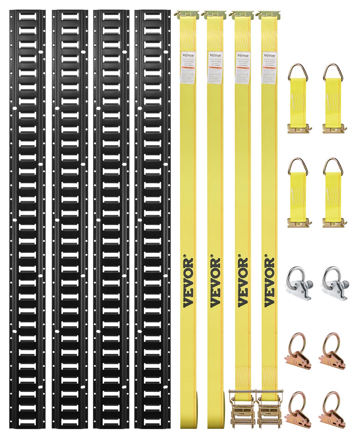 VEVOR E-Track Tie-Down Rail Kit, 5' E Tracks Set, 16Pcs Includes 4 Steel Rails & 2 Single Slots & 6 O-Rings & 4 Tie-Offs w/D-Ring & 2 Ratchet Straps, Cargo Motorcycles Bikes Securing Accesso