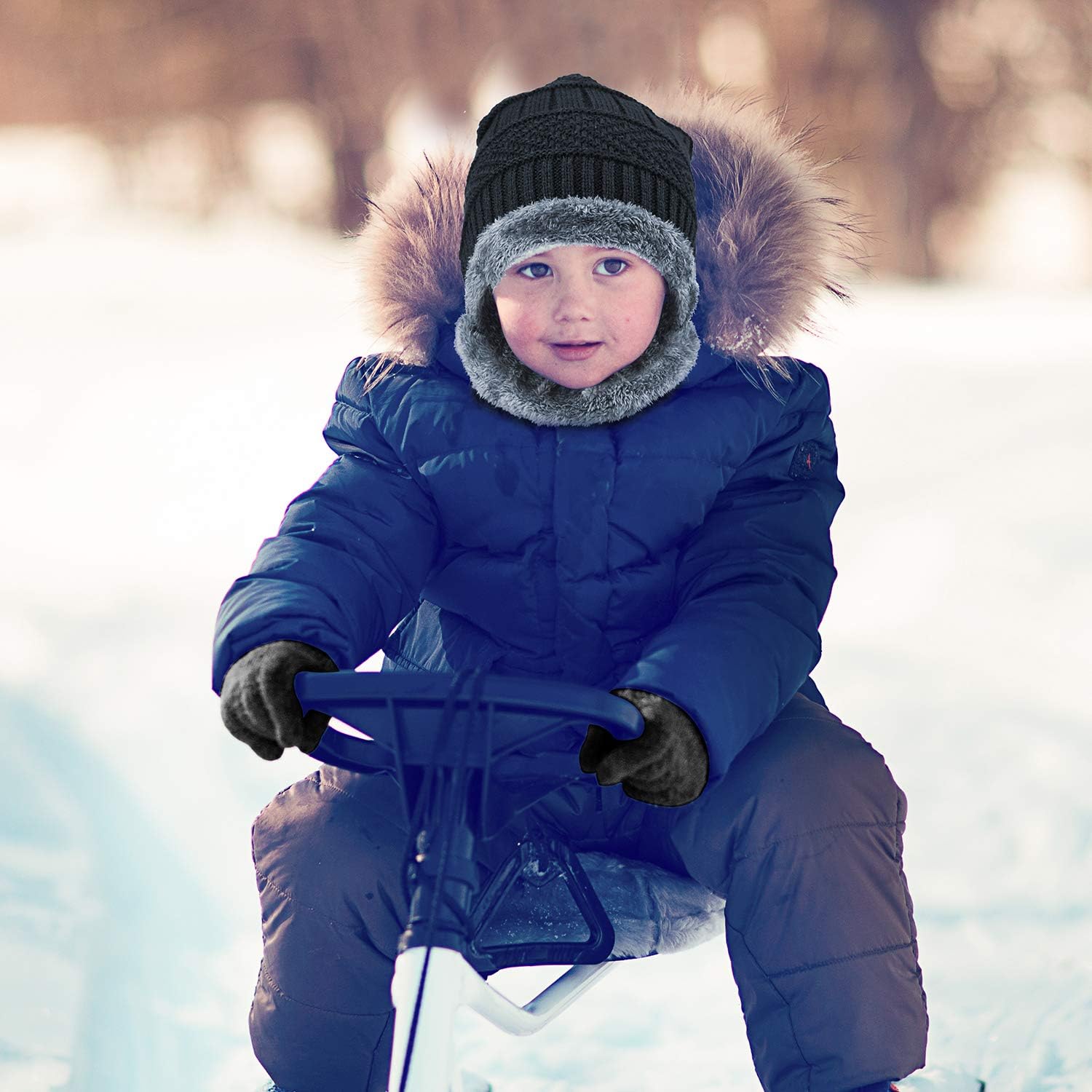 EAONE Winter Knitted Beanie Hat and Neck Scarf Set with Gloves, Thick Fleece Lining Cap Neck Warmer Gaiter for Boys Girls, Black: Clothing, Shoes & Jewelry