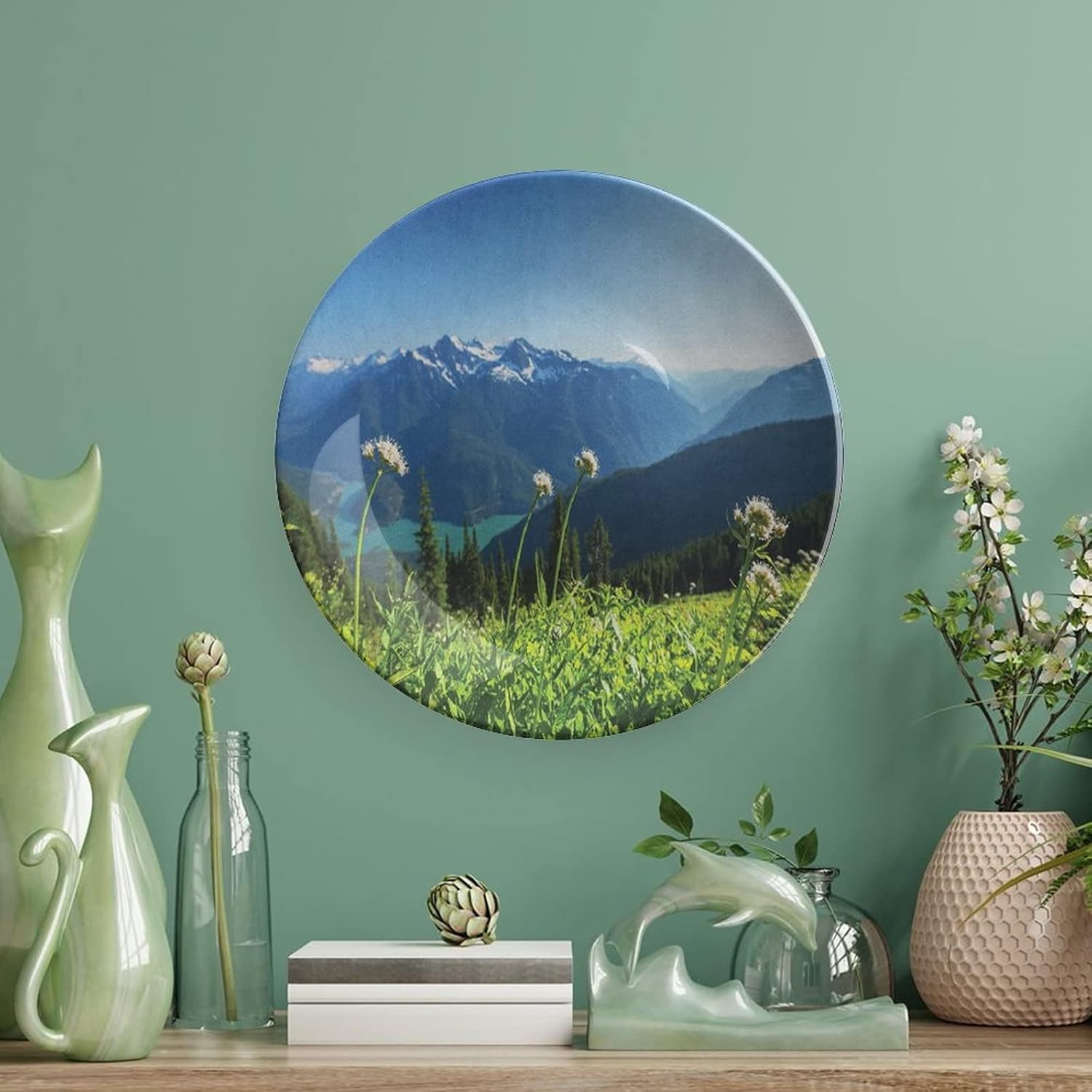XISUNYA 7 Inch Decorative Plate, Nature Ceramic Craft, Diablo Lake Mountains Dandelions Thistle Flowers Wilderness Print Ceramic Wall Hanging for Home Office Party Dinner Table Decor, Green Sky Blue