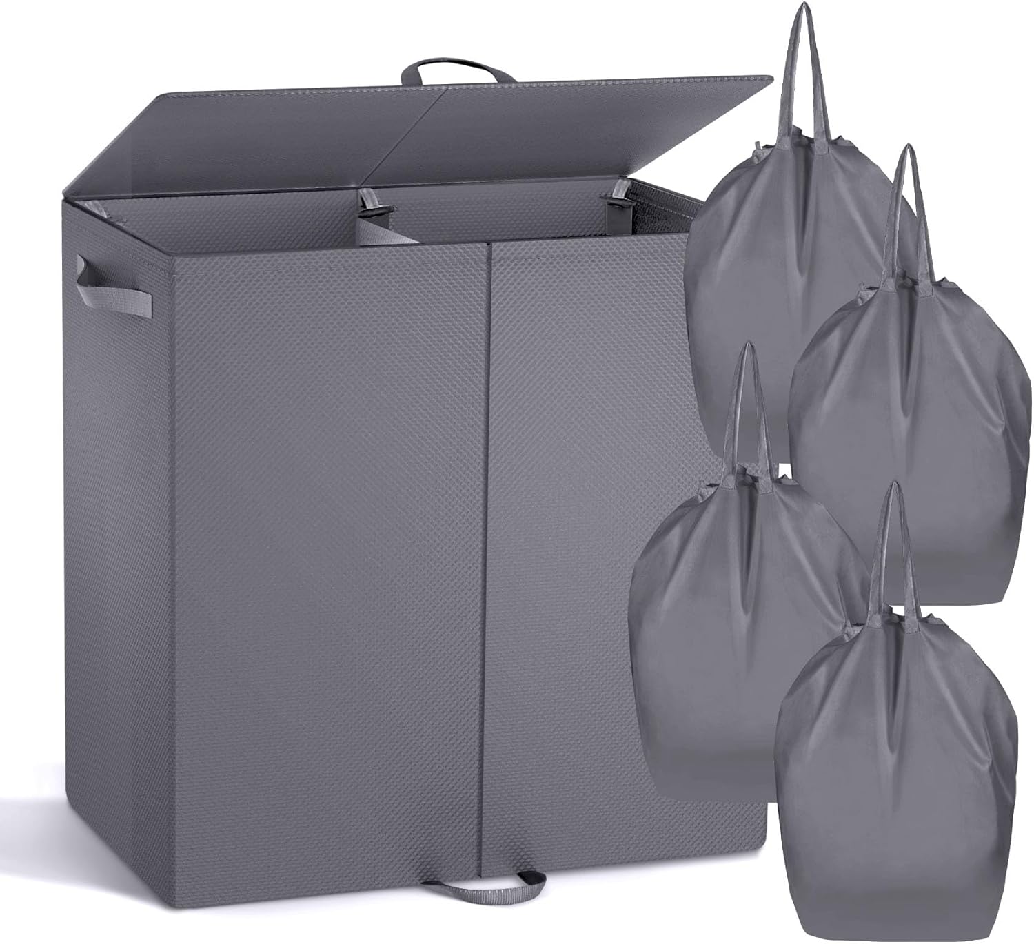 Double Laundry Hamper with Lid and 4 Removable Laundry Bags, Collapsible Laundry Hamper 2 Section Dirty Clothes Hamper with Handles for Laundry, Bedroom, Bathroom, Dorm, Grey