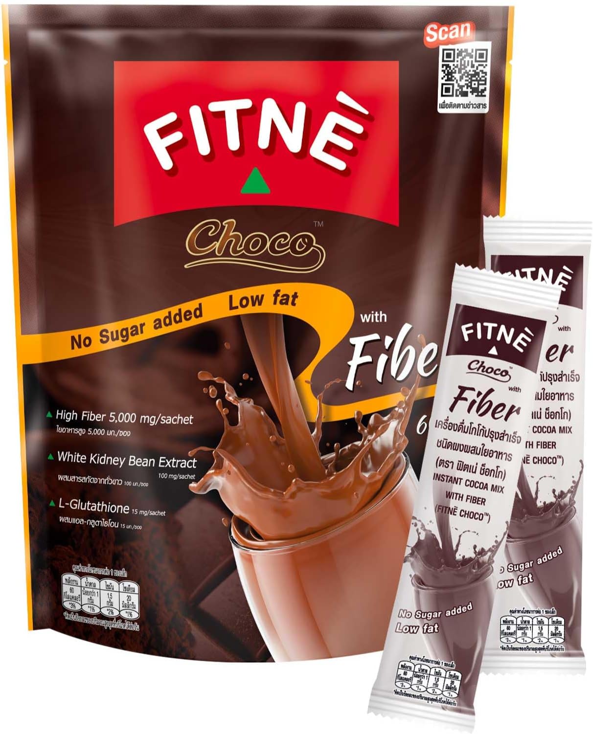 FITNE Instant Choco Mix With Fiber Filling White Kidney Bean Extract Smooth Taste Chocolate Drink No Sugar Sucralose Sweetener, 10 Sachets