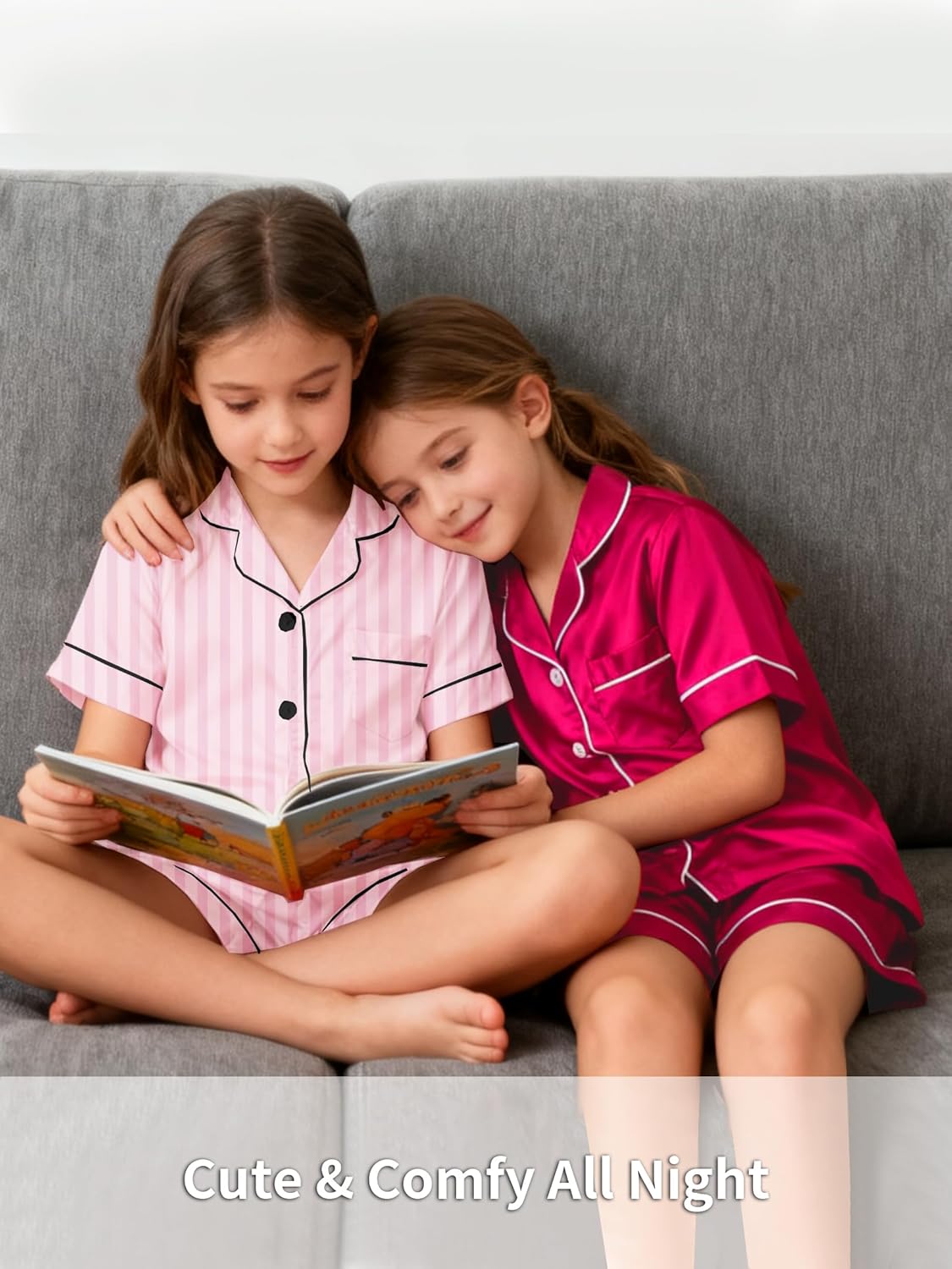 Girls 2 Packs Pajamas Set Satin Silky Short Sleeve Button Down Pjs Soft Sleepwear Sets for Kids Gift, Size 4Y-12Y - Image 7