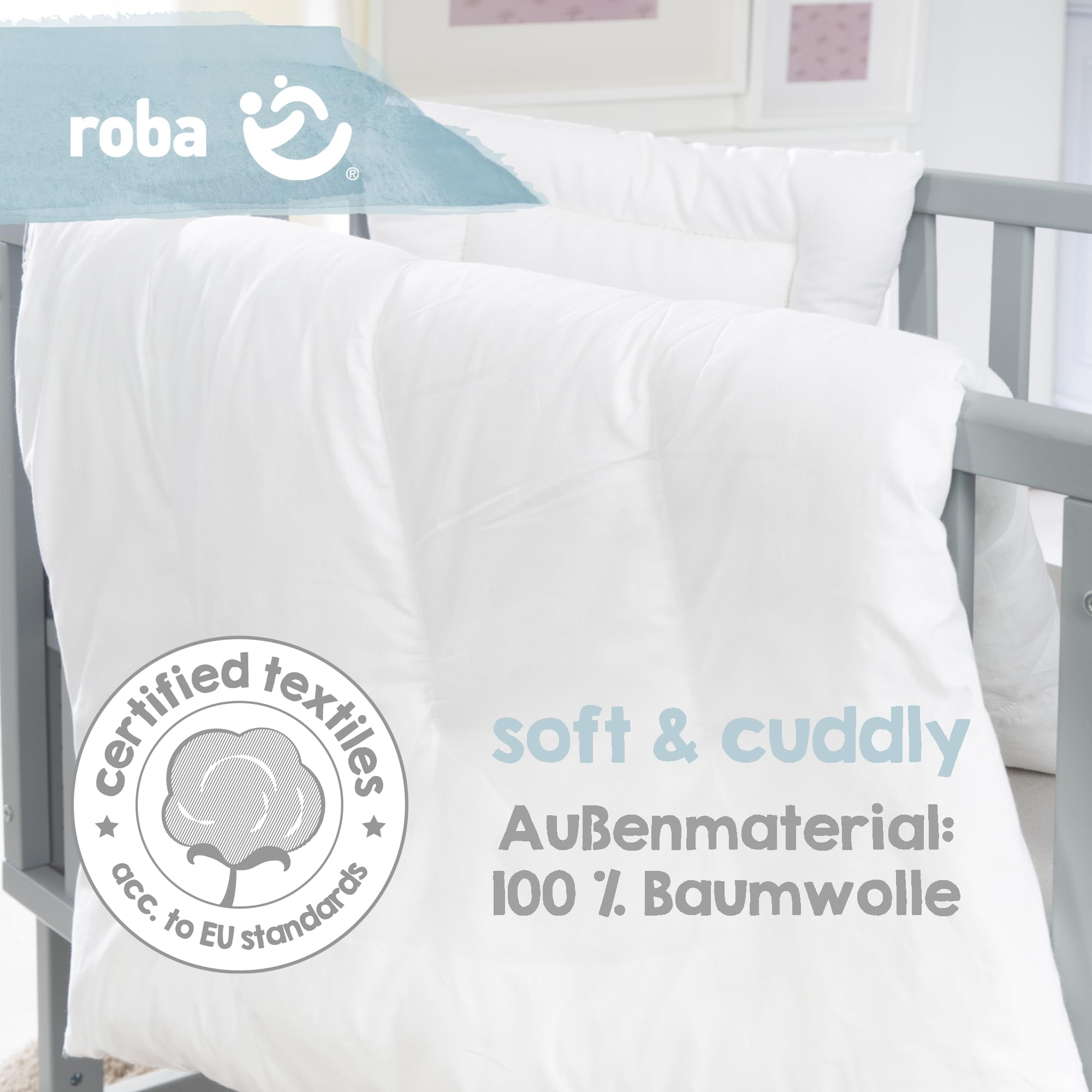 roba Set Biancheria per Culla - Coperta 80 x 80 cm e Cuscino 40 x 35 cm - Ideale per Tutte le Stagioni - 100% Cotone Biologico - Bianco