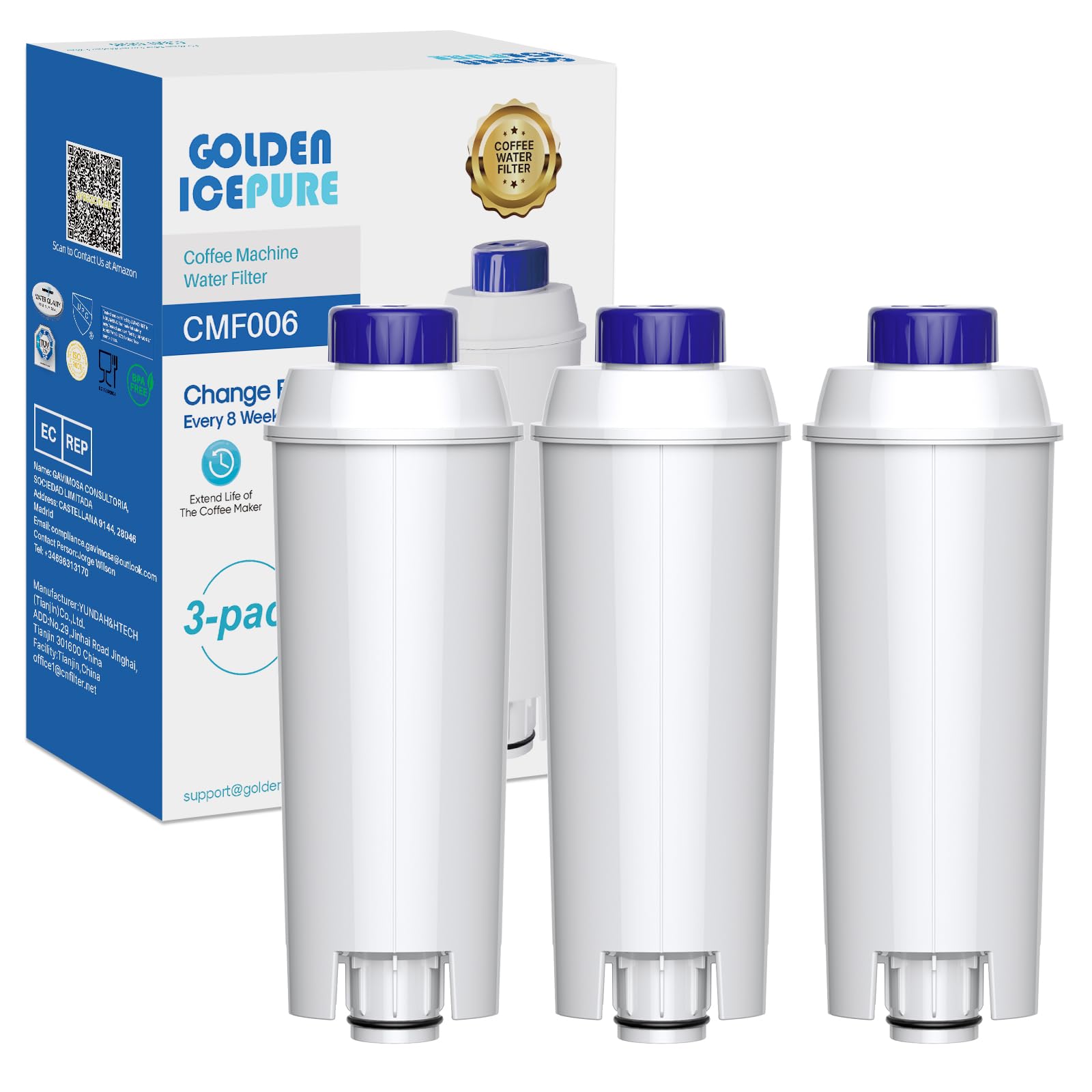 GOLDEN ICEPURE Filtro de agua para máquina de café: Compatible Con De'Longhi DLSC002, SER3017 & 5513292811,De Longhi, ECAM, ESAM, ETAM, BCO, serie EC, 3 piezas