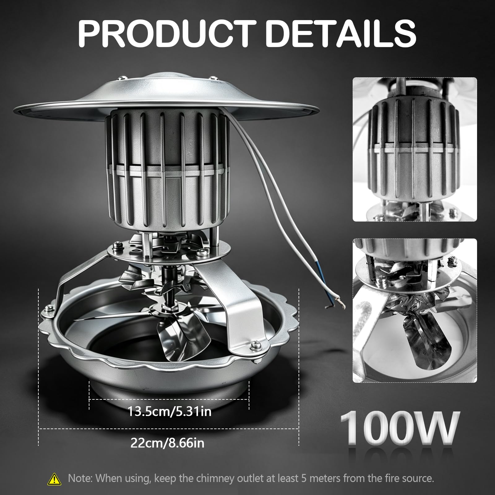 Rauchabzug Ventilator 100W, Kaminventilator 13,5-22 cm Fume Ventilator