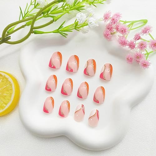Miniatura 4 de Uñas postizas cortas de almendra a presión con diseños de remolinos de purpurina, uñas francesas a presión, uñas adhesivas brillantes de cobertura