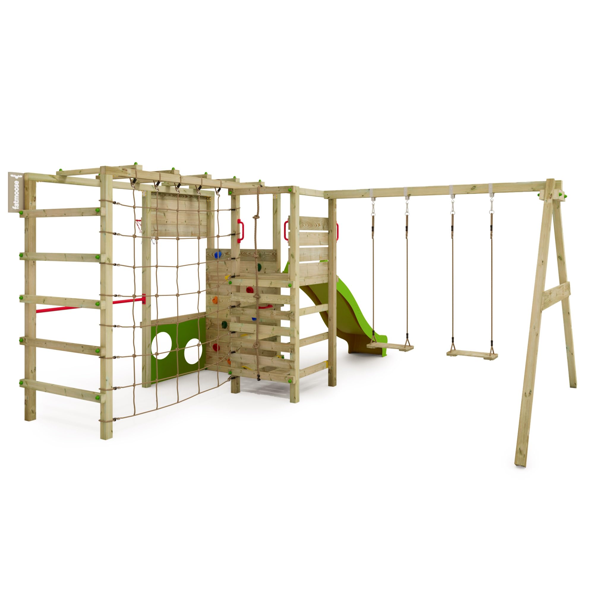 FATMOOSE Spielturm Klettergerüst ActionArena Air mit Schaukel & apfelgrüner Rutsche, Outdoor Kinder Kletterturm mit Leiter, Basketballkorb & Spiel-Zubehör für den Garten