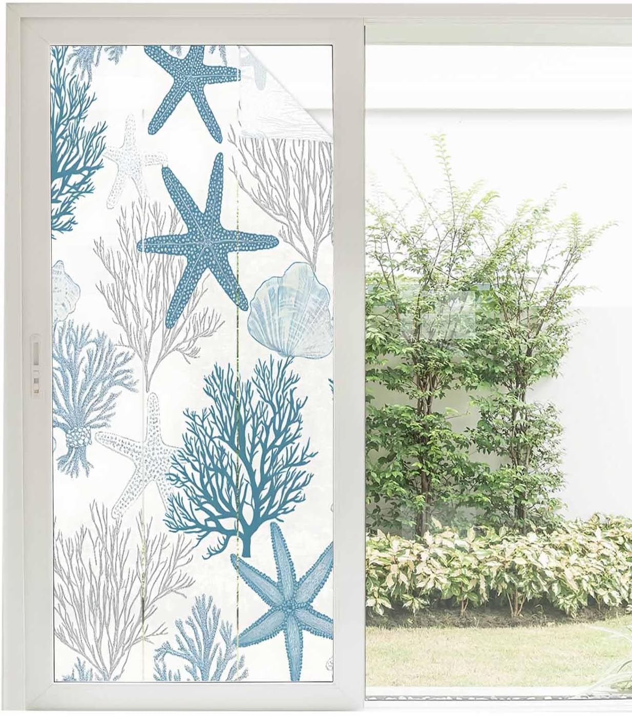 Window Privacy Film Summer Ocean Stained Glass Window Film Decorative Sun Block Window Cover Coastal Coral Starfish Textured Blue White Window Clings Static Adhesive Sticker for Bathroom 35.4"x78.7"