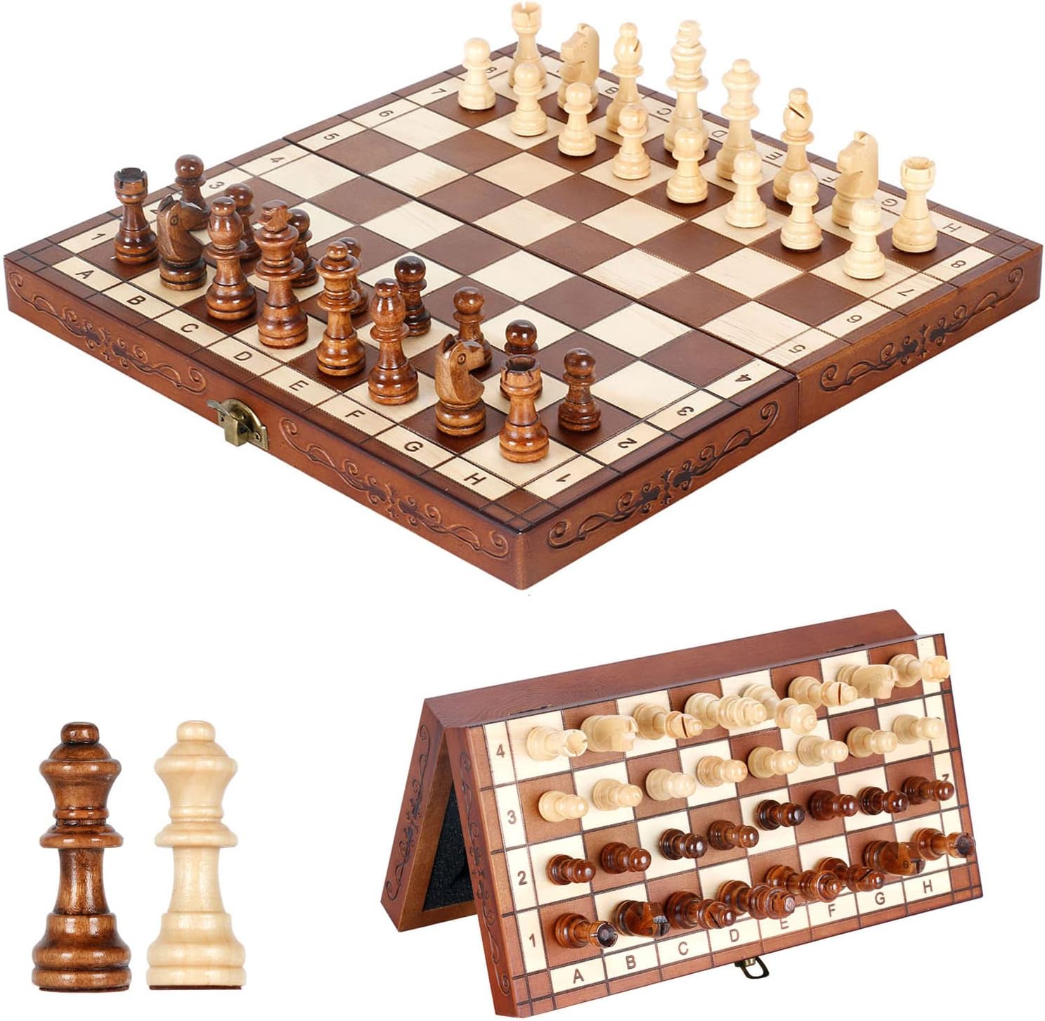 SyraceMagnetic Chess Set Board Games, Wooden Folding Hand Crafted Portable Travel Chess Board Game Sets with Game Pieces & Storage Slots