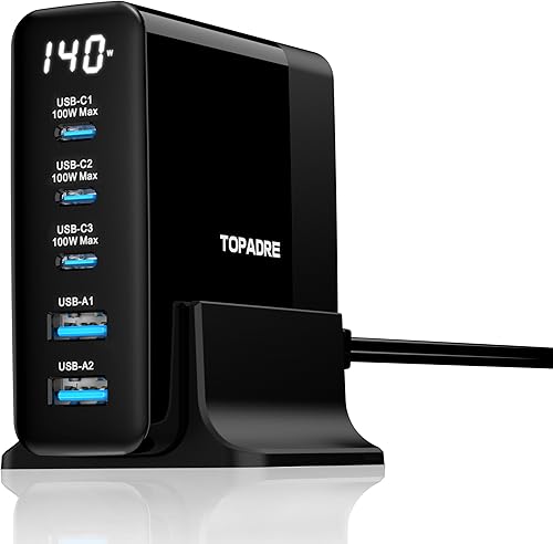 TOPADRE Bloque de cargador USB C de 140 W, estación de carga múltiple rápida GaN con pantalla digital, cargador USB C para laptop MacBook ProAir,