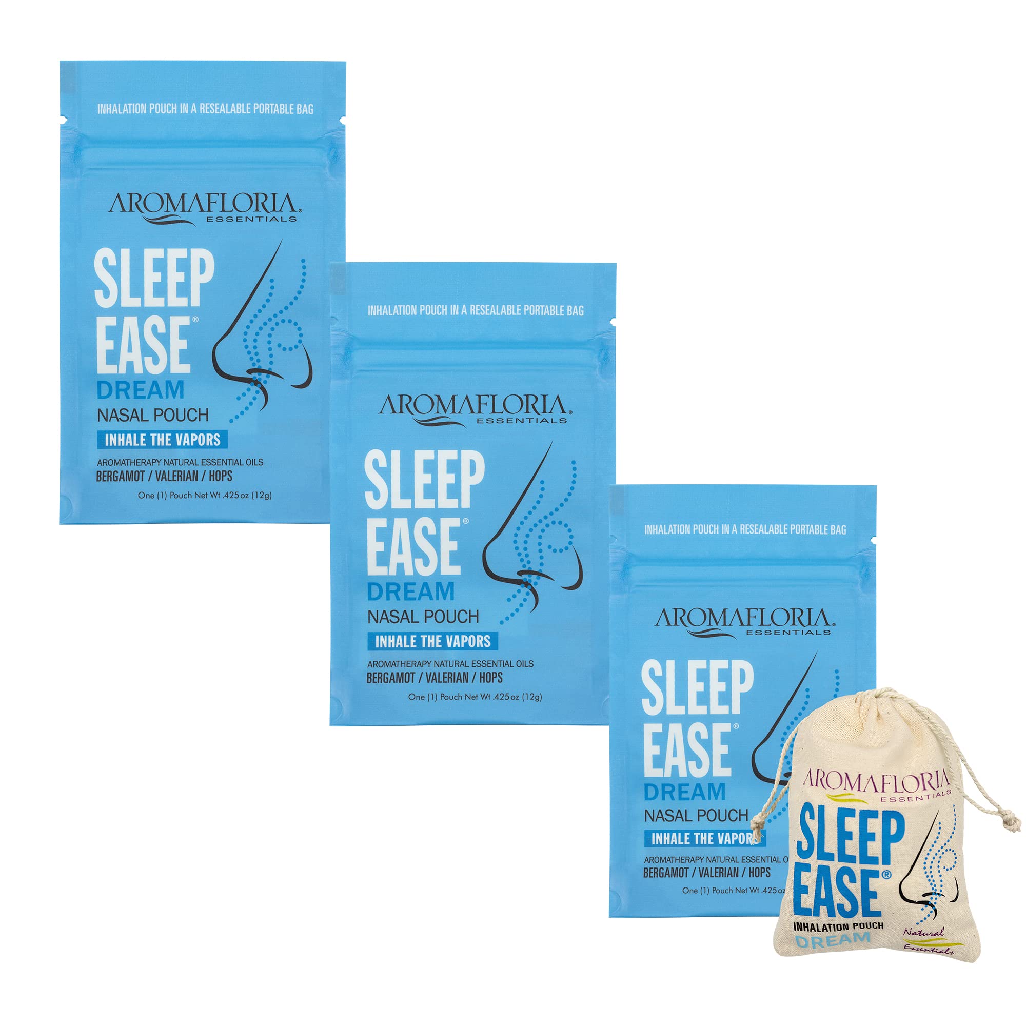 Aromafloria Sleep Ease Dream Nasal Inhalation Pouch - Aromatherapy Essential Oils - Nasal Breathing for Relaxation and Sleep Support - (Bergamot, Valarian, Hops) 3 Pouch Pack, 1.275 Ounce