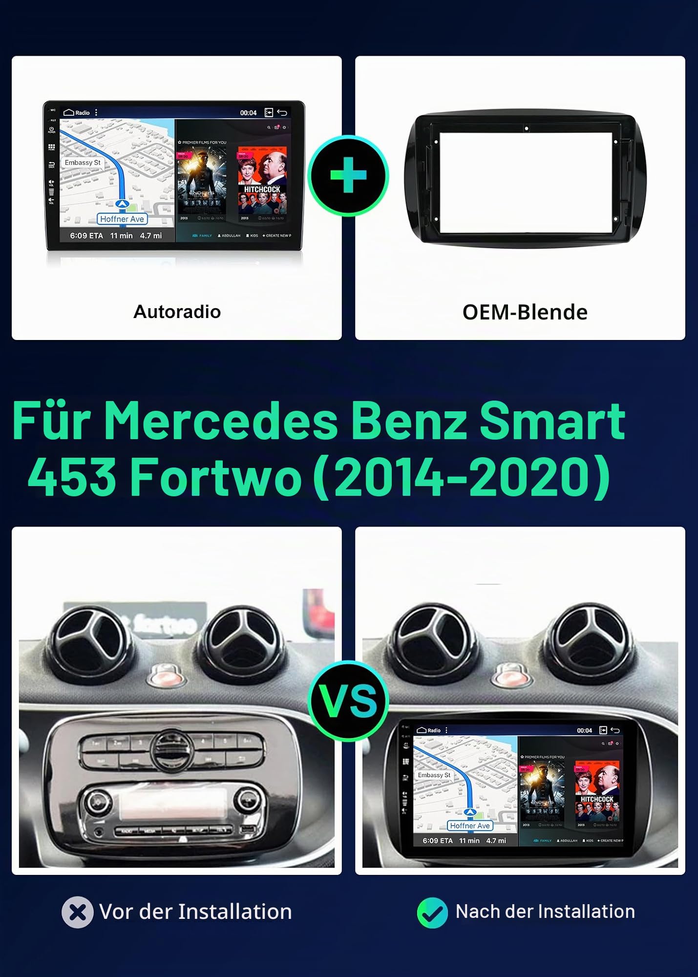SXAUTO Android 15-6G+128G - Autoradio für Mercedes-Benz Smart 453 Fortwo (2014-2020) - Wireless CarPlay Android Auto - Kamera + MIC - DAB Lenkradsteuerung Fast-Boot 360-Cam - 2 Din 9 Zoll