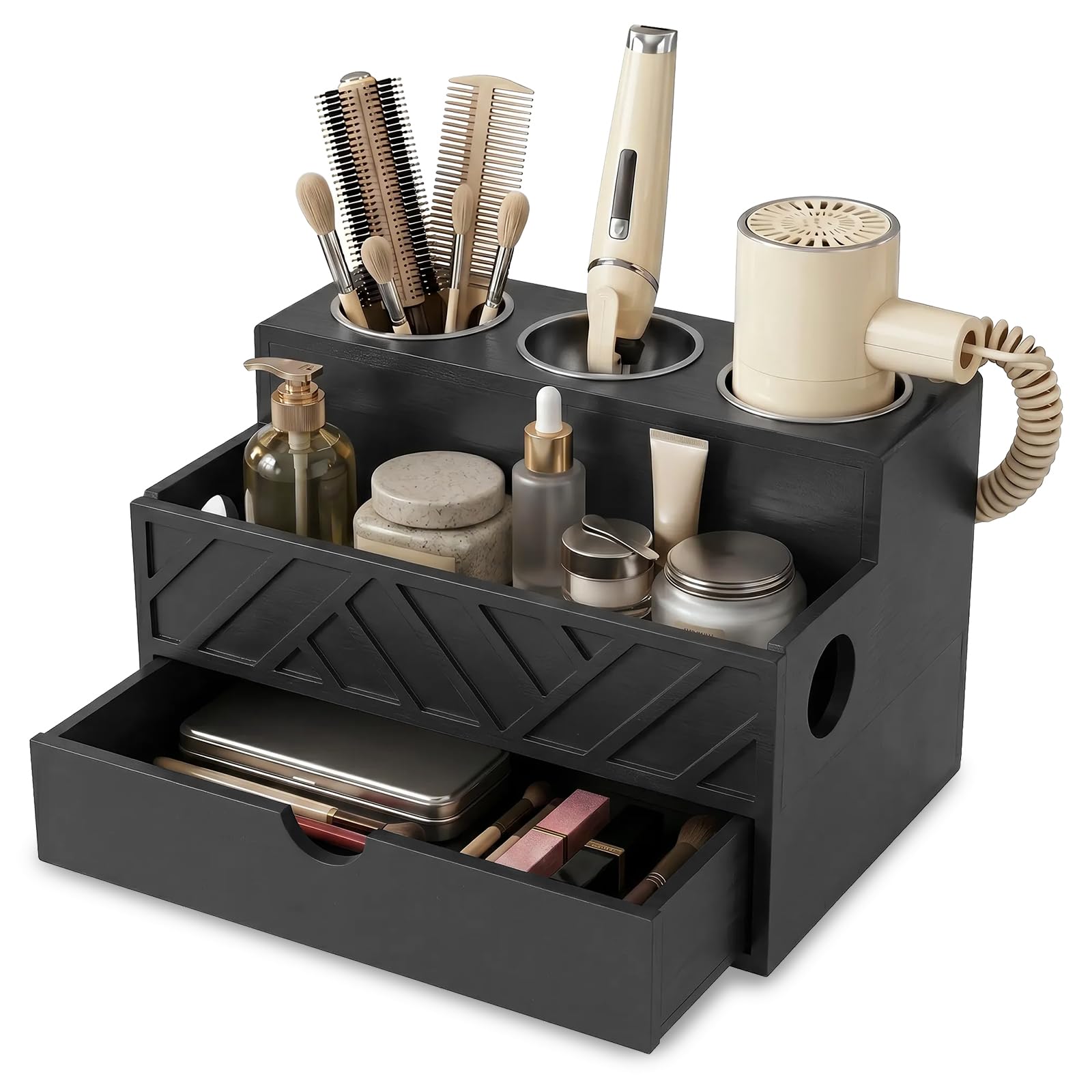 GUIJZSLTRG Hair Tool Organizer, Hair Blow Dryer Holder Countertop, Removable Hairs Brush Storage Stand Countertop Makeup Accessories Organiser for Dressing Table and Bathroom(Black,3 layers)