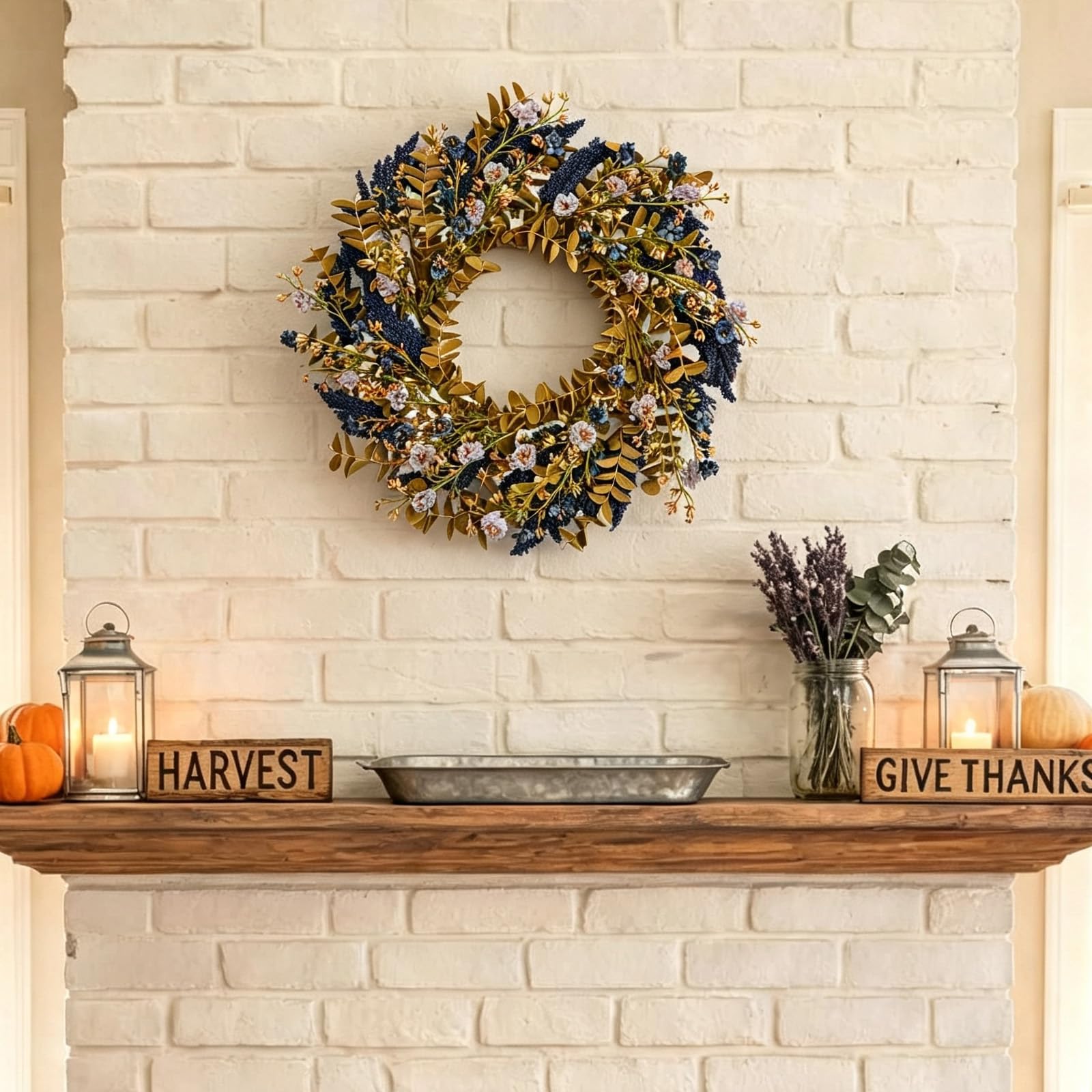 Couronne d'automne de 55,9 cm pour porte d'entrée avec buis et | Couronne de fleurs d'automne avec feuilles de buis douces au toucher pour intérieur et extérieur, couronne de fleurs sauvages