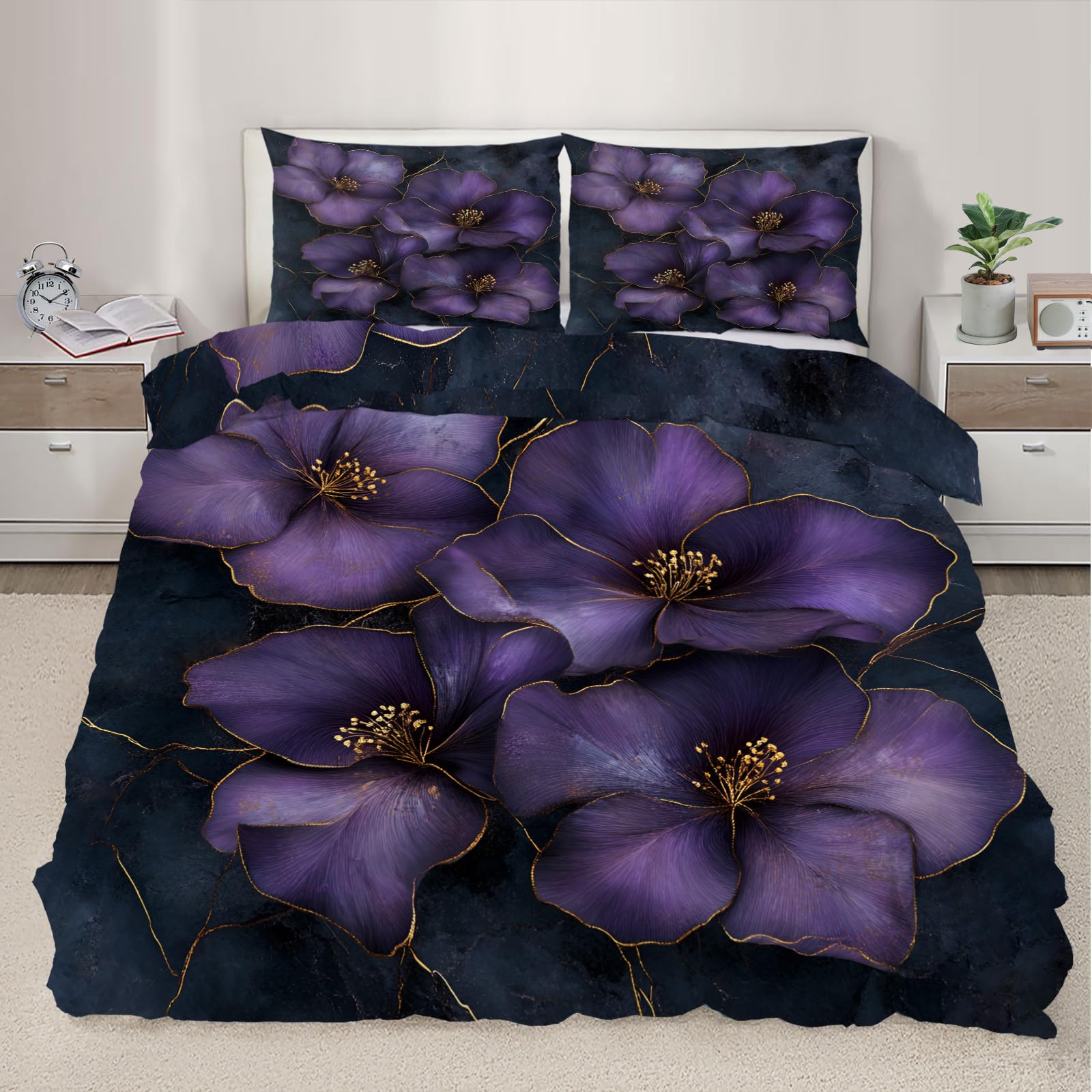 Flower Pattern Duvet Cover Super King Deep Purple Floral Comforter Cover Gothic Floral Comforter Set Vintage Flowers Bedding Set with Zipper Ties with Pillowcases