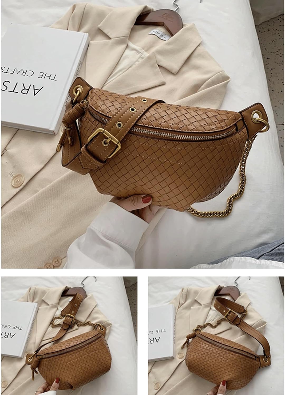 Woven Bum Bag Stylish Sling Purse with Adjustable PU Leather Belt Fanny Waist Pack Chest Shoulder Bag Retro Crossbody Bum Bags for Women Casual Daily Use(Brown) - Image 4