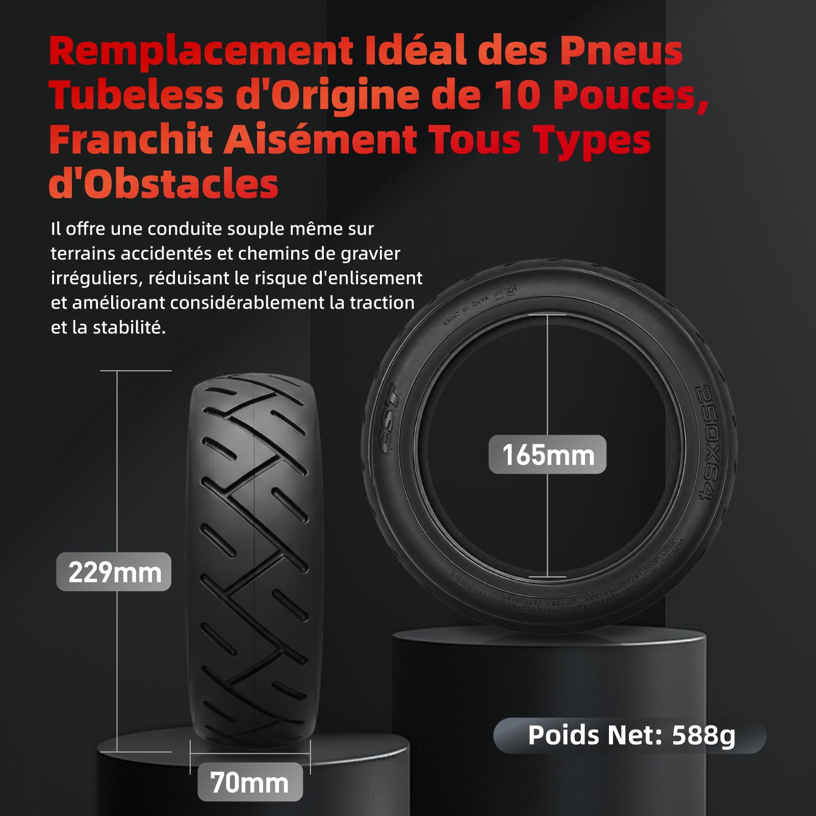 Lot de 2 pneus de route épais de 250 x 64 pour scooter électrique Xiaomi 4ultra, Navee S65, Navee S65C - Remplacement des pneus avant et arrière épais