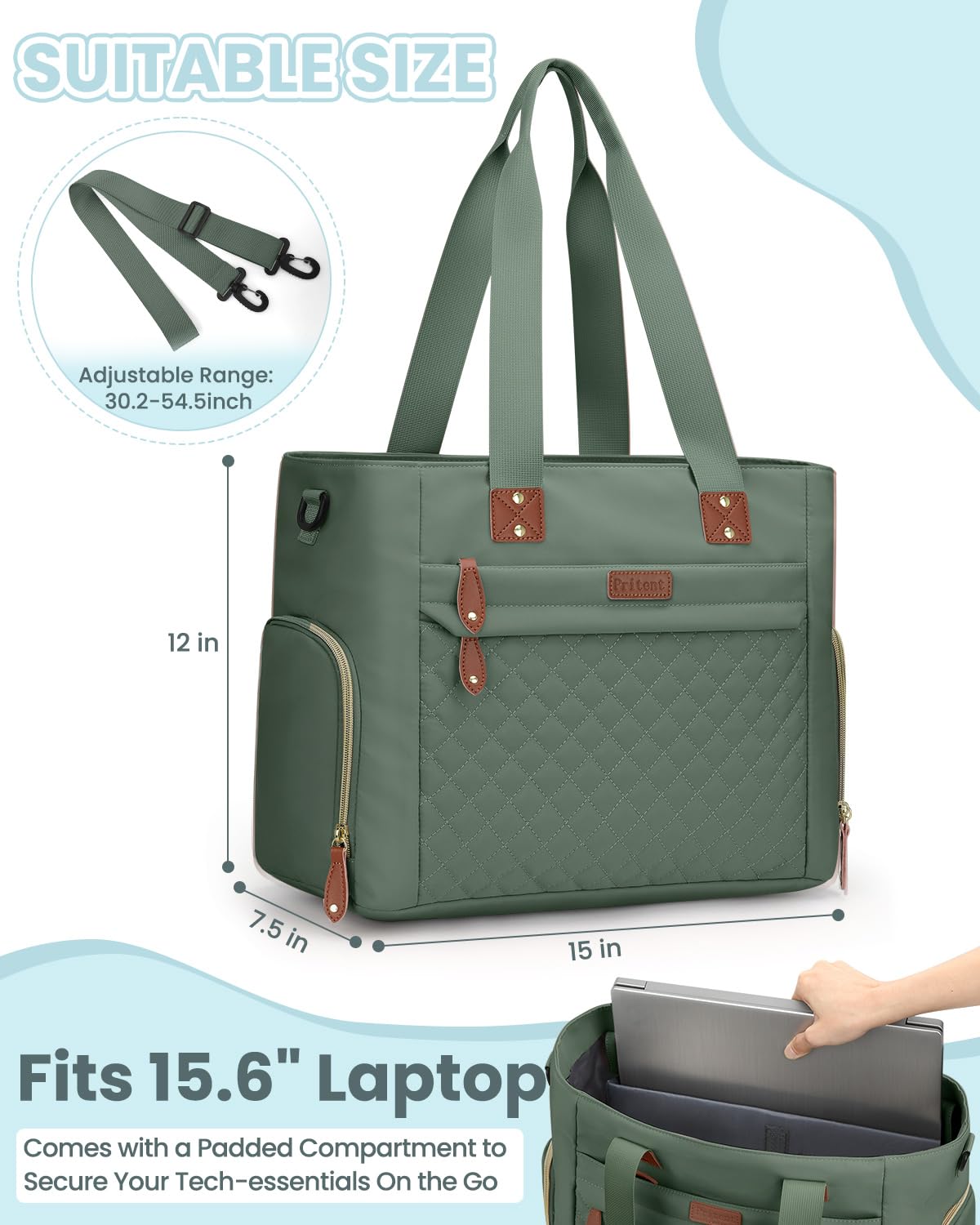 Diaper Bag Tote for Working Mom, Large Travel Diaper Tote for Mom and Dad with 14 Inch Laptop Sleeve, Mommy Maternity Travel Baby Bag for Boys and Girls, Green - Image 2