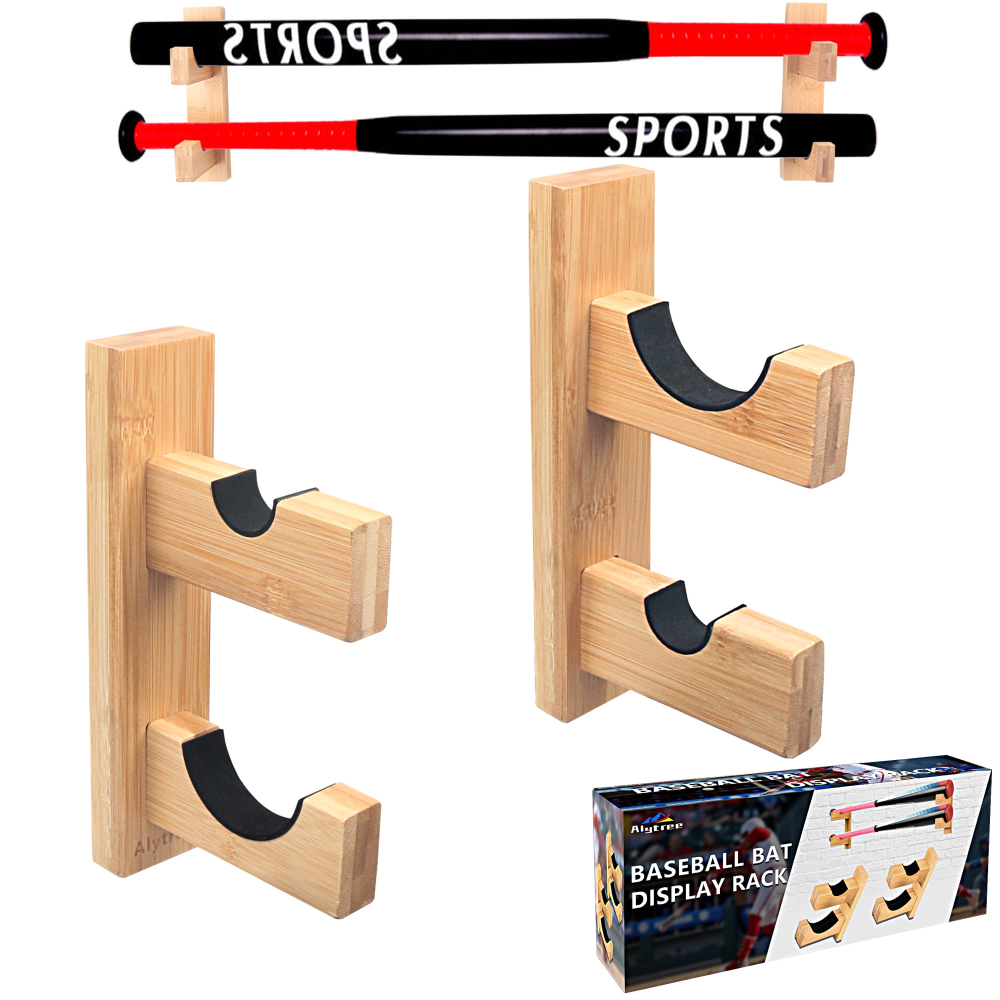 Invech 2 Baseball Bat Holder, Baseball Bat Display Wall Mount, Sturdy Wood Bat Horizontal Rack, Baseball Bat Hanger with Screws & Anchors (Log color)