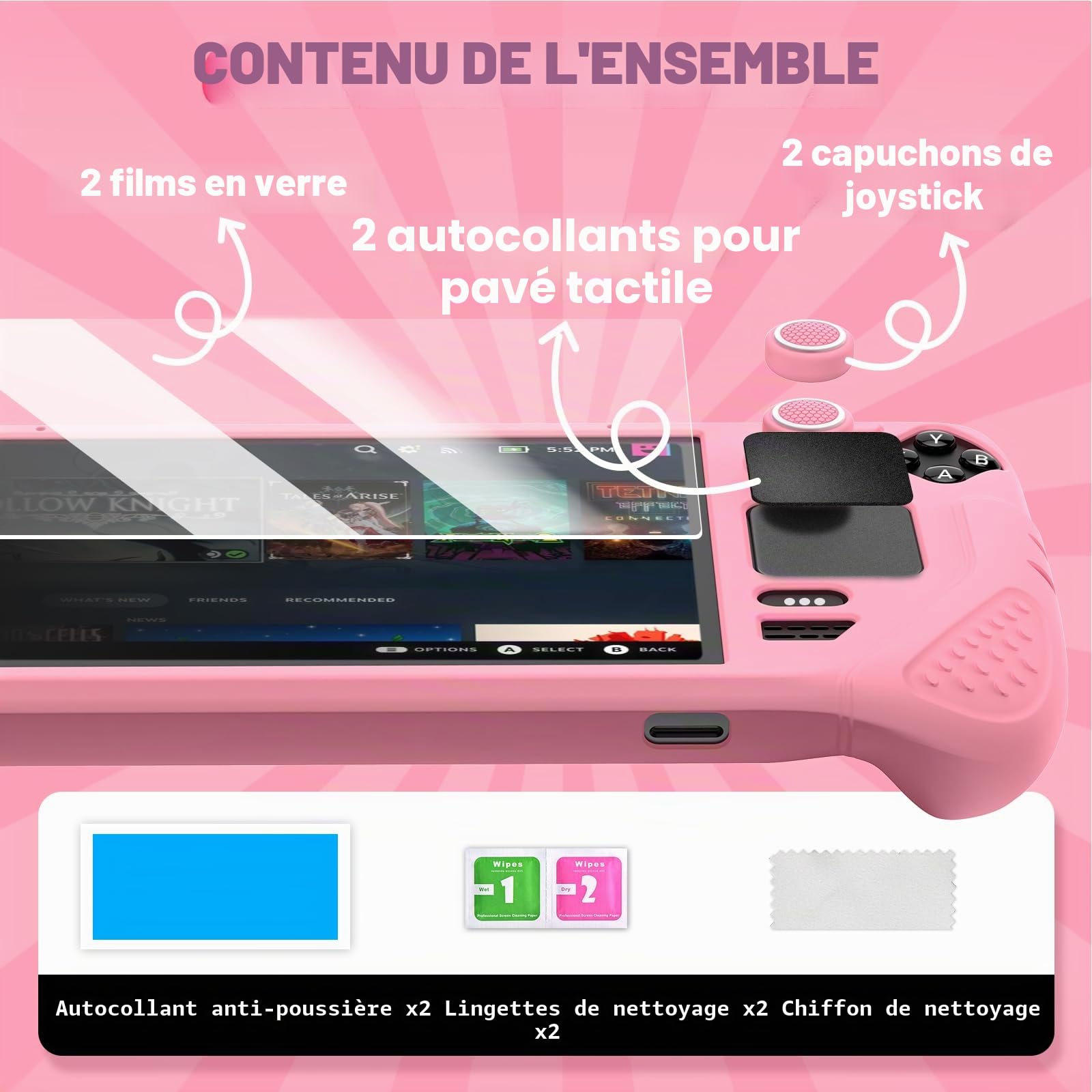 IINE Étui de Protection en Silicone 9 en 1 pour Bureau à Vapeur, Coque de Protection en Silicone avec Housse Anti-Rayures et Ensemble d'accessoires Steam Deck (Rose)