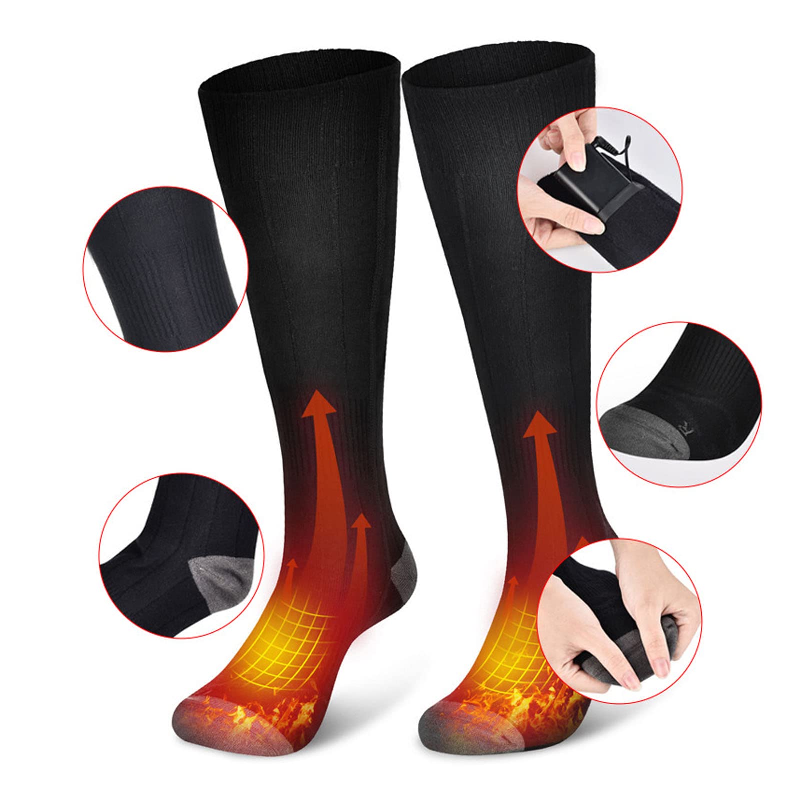 TANM Calcetines Calefactables, 3 Modos Calcetines Calefactables Alimentados por Batería Calentamiento Rápido Recargable con Indicador para Mujeres y Hombres para el Invierno