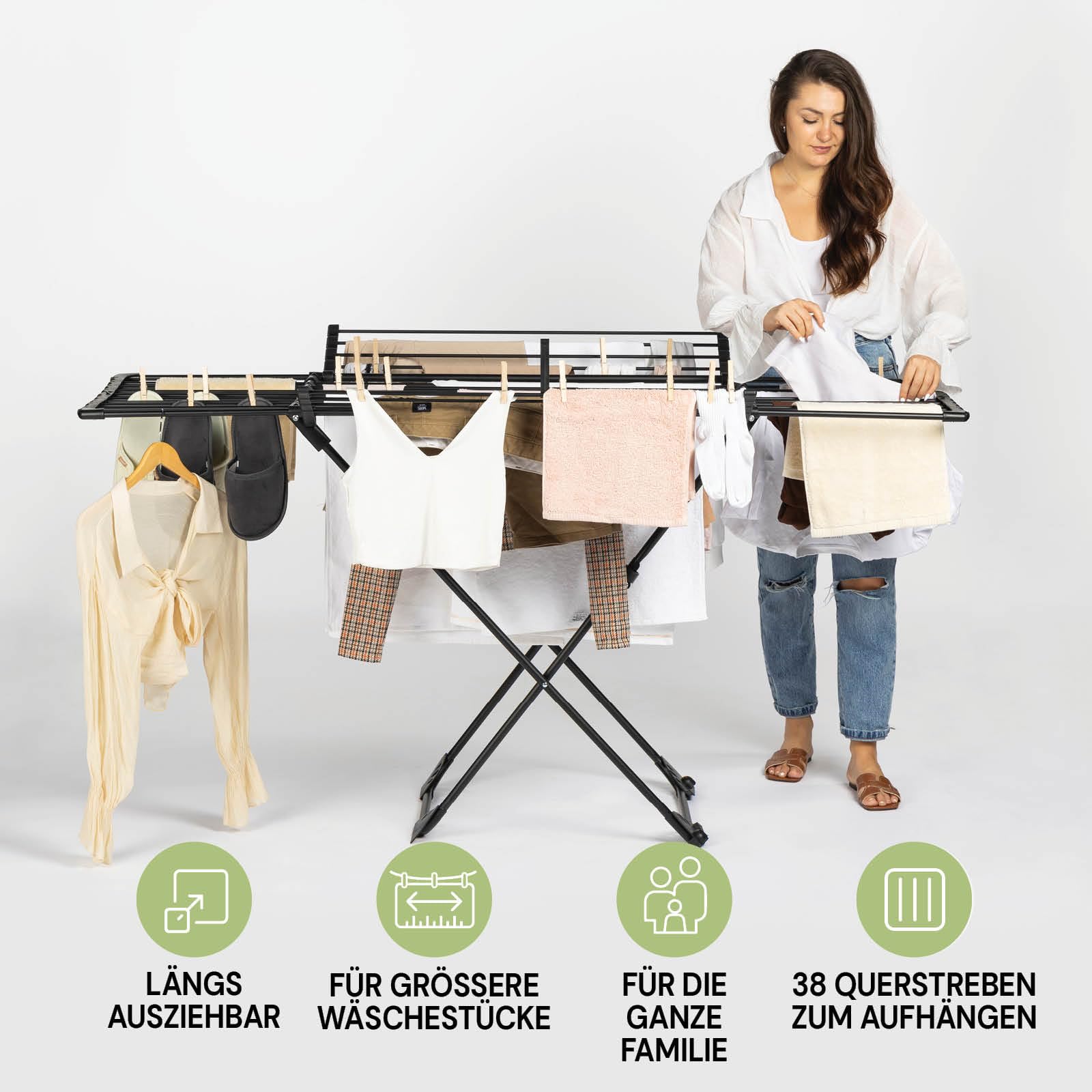 Vitapur Wäscheständer DryMax Wing, Ausziehbar Wäschetrockner, 2-Seitenflügel, XXL Plus Rack, Klappbar Standtrockner für Balkon, Robuster Waeschetrockner Ständer