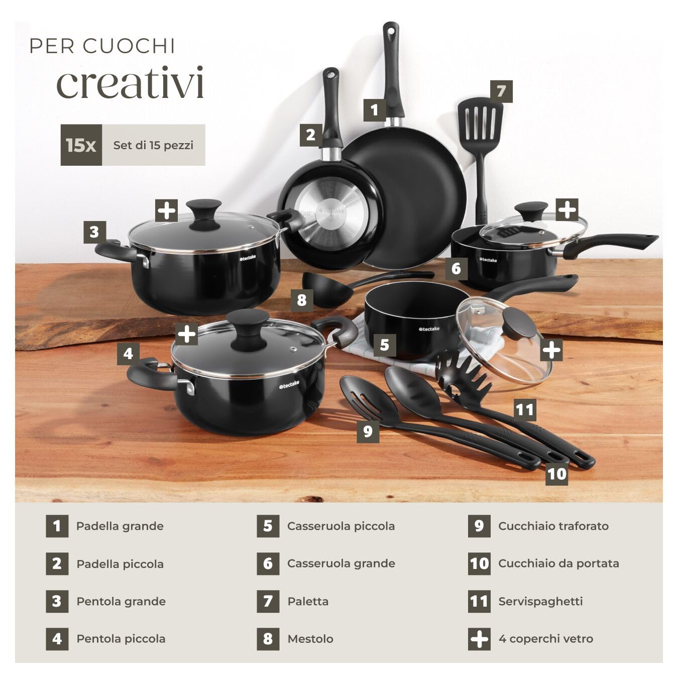 tectake® Set di Pentole Antiaderenti 15 Pezzi, Batteria di Pentole e Padelle in Alluminio Robusto, Coperchi in Vetro con Foro di Sfiato, Batteria Pentole con Manici Resistenti al Calore - Nero