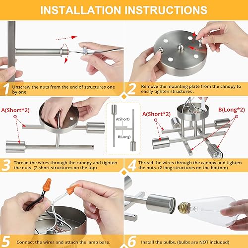 Miniatura 8 de SunRider Paquete de 2 lámparas industriales de techo semiempotradas de 4 luces, níquel cepillado, candelabro Sputnik rústico plateado para cocina