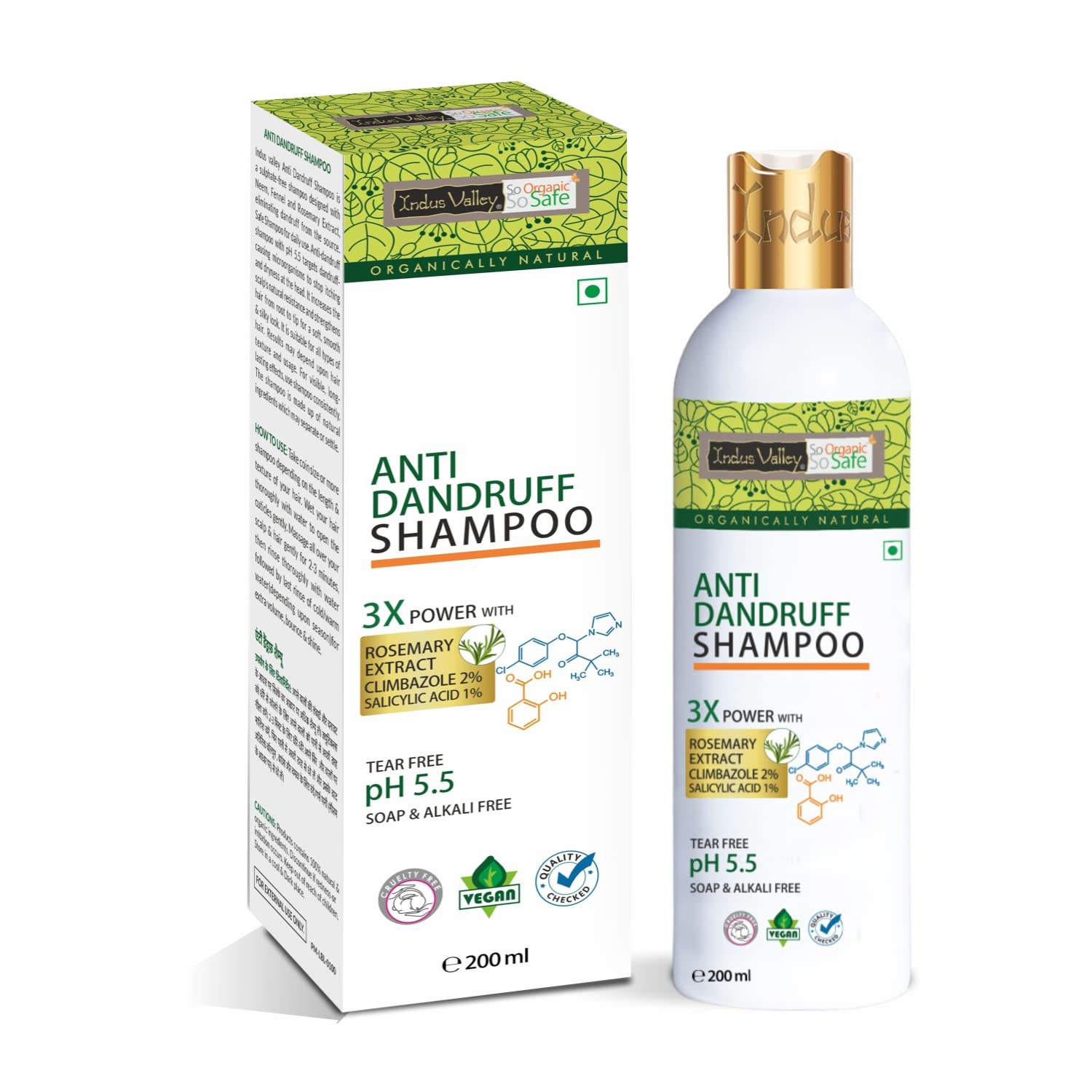 INDUS VALLEYHalal Hair Fall Defense Anti-Dandruff Shampoo Tear Free Soap Alkali Free pH 5.5 No Paraben,200 ml