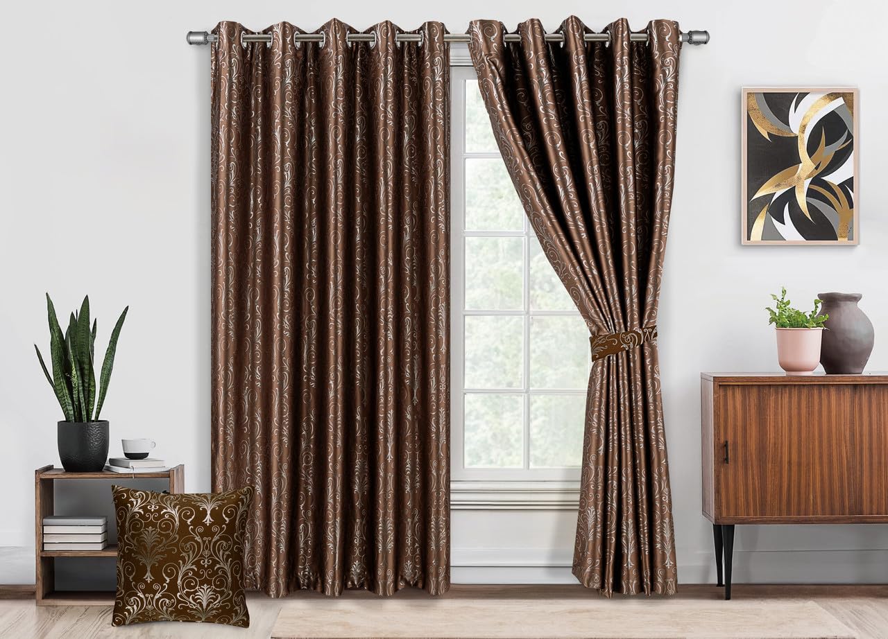 MILANO COLLECTIONS® Metallic Foil - Printed Damask Pattern Blackout Curtains for Bedroom & Living Room – 2 Panels with Tiebacks – Noise-Reducing, Sunlight Blocking for Home Décor - (Brown)