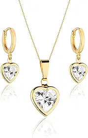 Conjunto Brinco e Colar Pingente Coração Cravejado Pedra Zircônia Banhado a ouro 18k Banho paládio antialérgico Semijoia Festa Madrinha Casamento Casual Dourado Folheado
