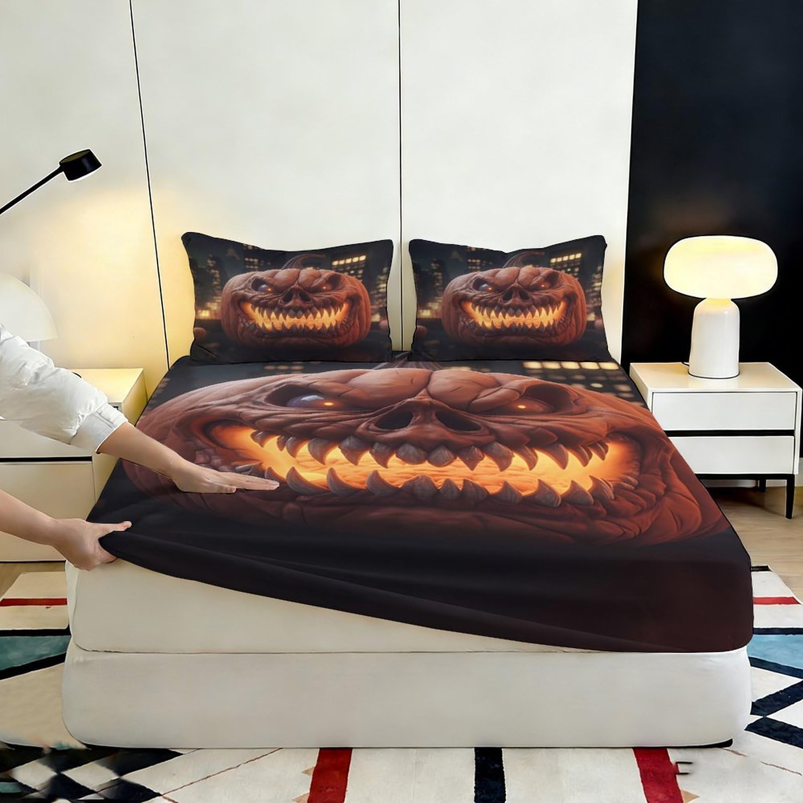 Lenzuolo con angoli con stampa 3D, motivo zucca, in microfibra, antiscivolo, decorazione per la casa