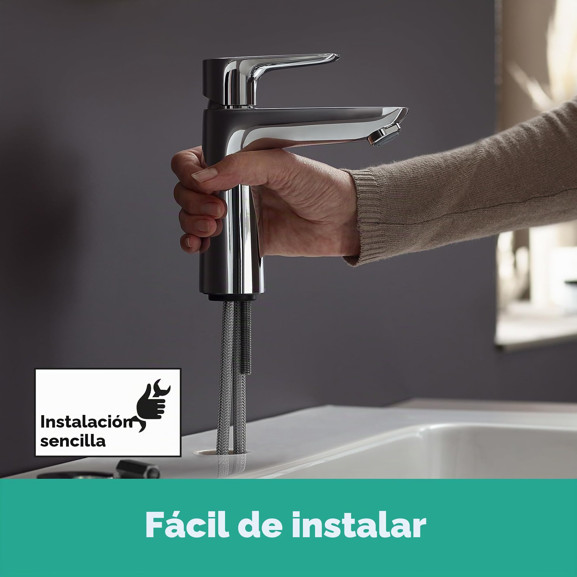 hansgrohe Talis E - grifo lavabo con vaciador Push-Open, grifo monomando lavabo 104 mm, mezclador monomando lavabo ahorro de agua (EcoSmart), cromo, 71711000