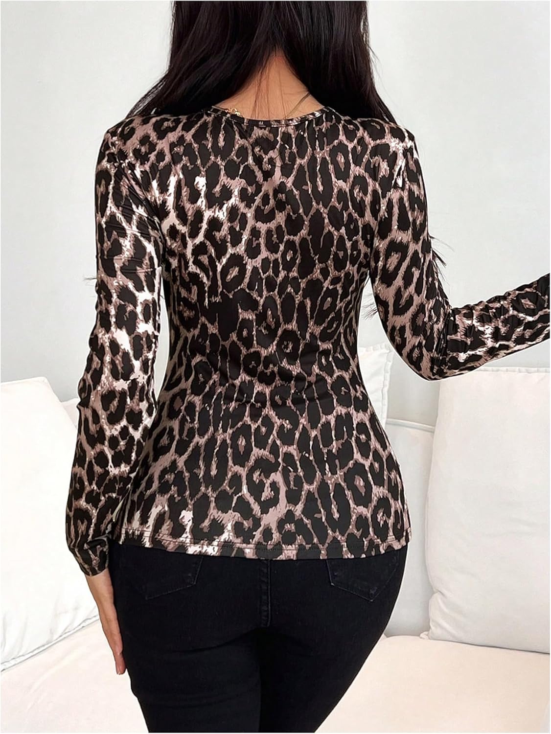GORGLITTER Women's Cheetah Print Top Leopard Long Sleeve Y2k T Shirts Lace Up Chain Going Out Tops - Image 3