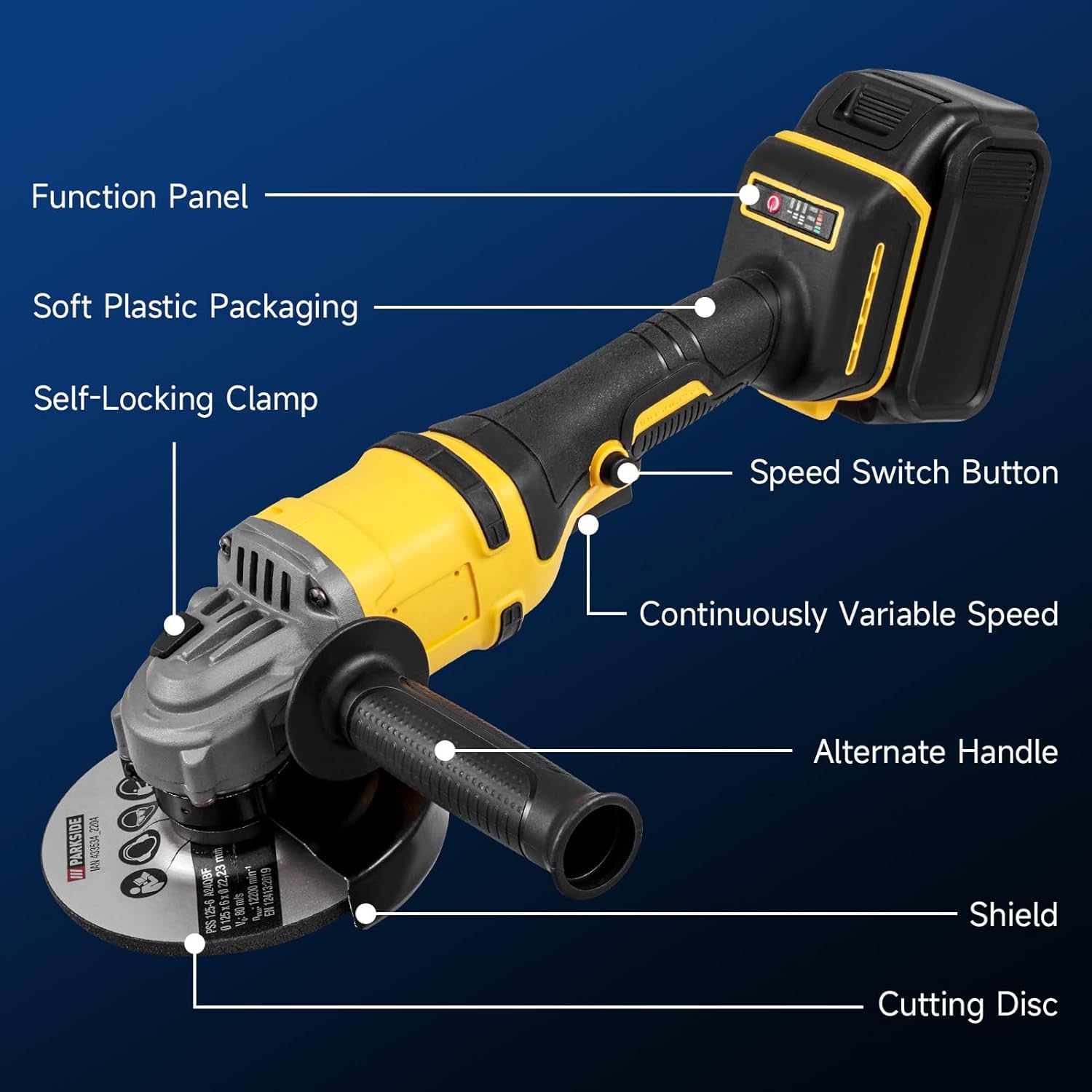 1500W Meuleuse d'angle Sans Fil 21V avec 2X 5000mAh Batterie 30000rpm Moteur Brushless Disqueuse Sans Fil 125 mm Disques de Coupe Polisseuse à 3 Vitesses Pour Découper Polir et Poncer