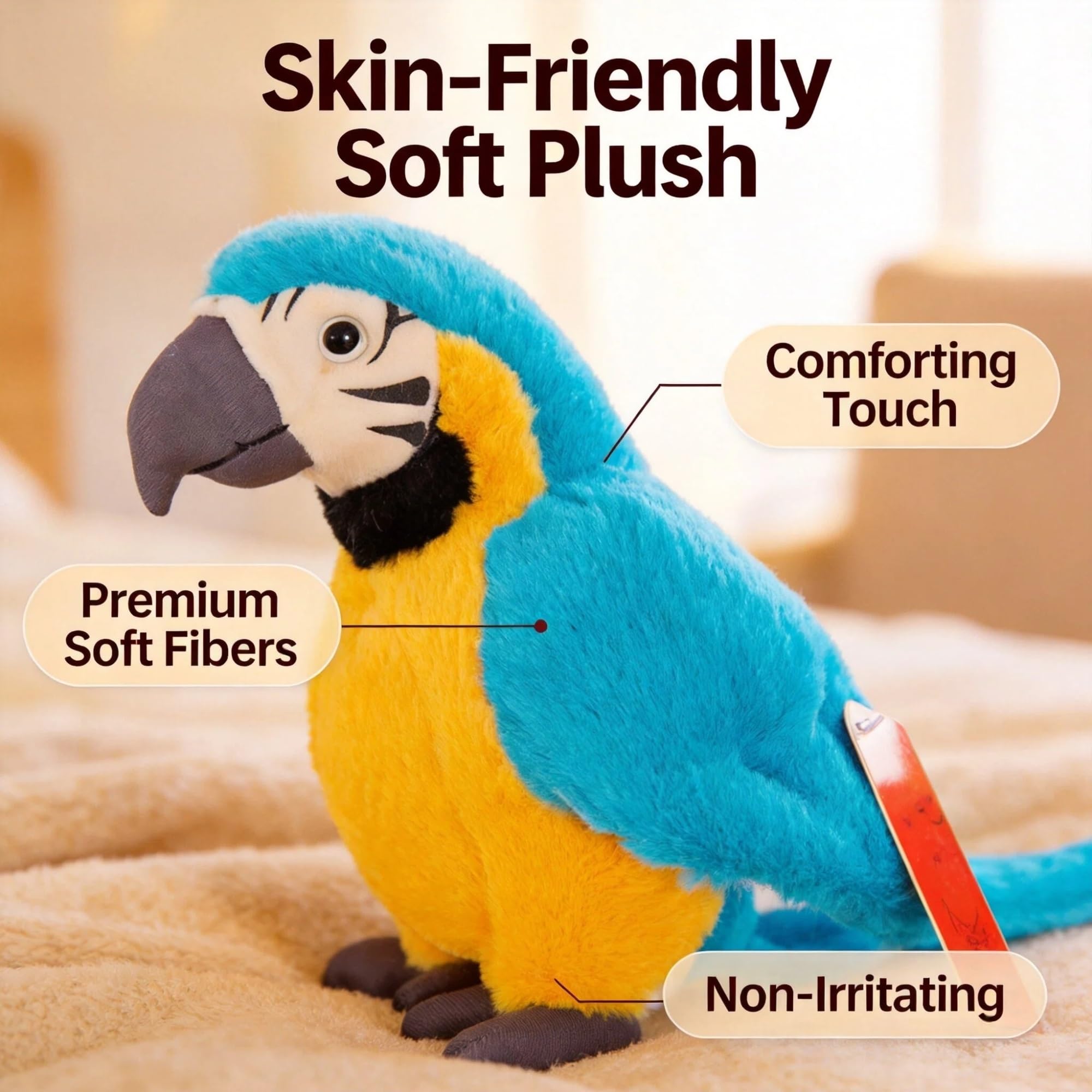 Parrot Plush Sensory Fidget with Substantial Anxiety Support, 11 In | Sensory plush for seniors, anxiety relief for elderly, tactile plush companion for adults, fidget‑style comfort(Azul)