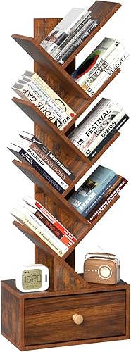 Estantería de árbol de 8 niveles con cajón, estantería de madera de pie para espacios estrechos, estantes organizadores de almacenamiento para