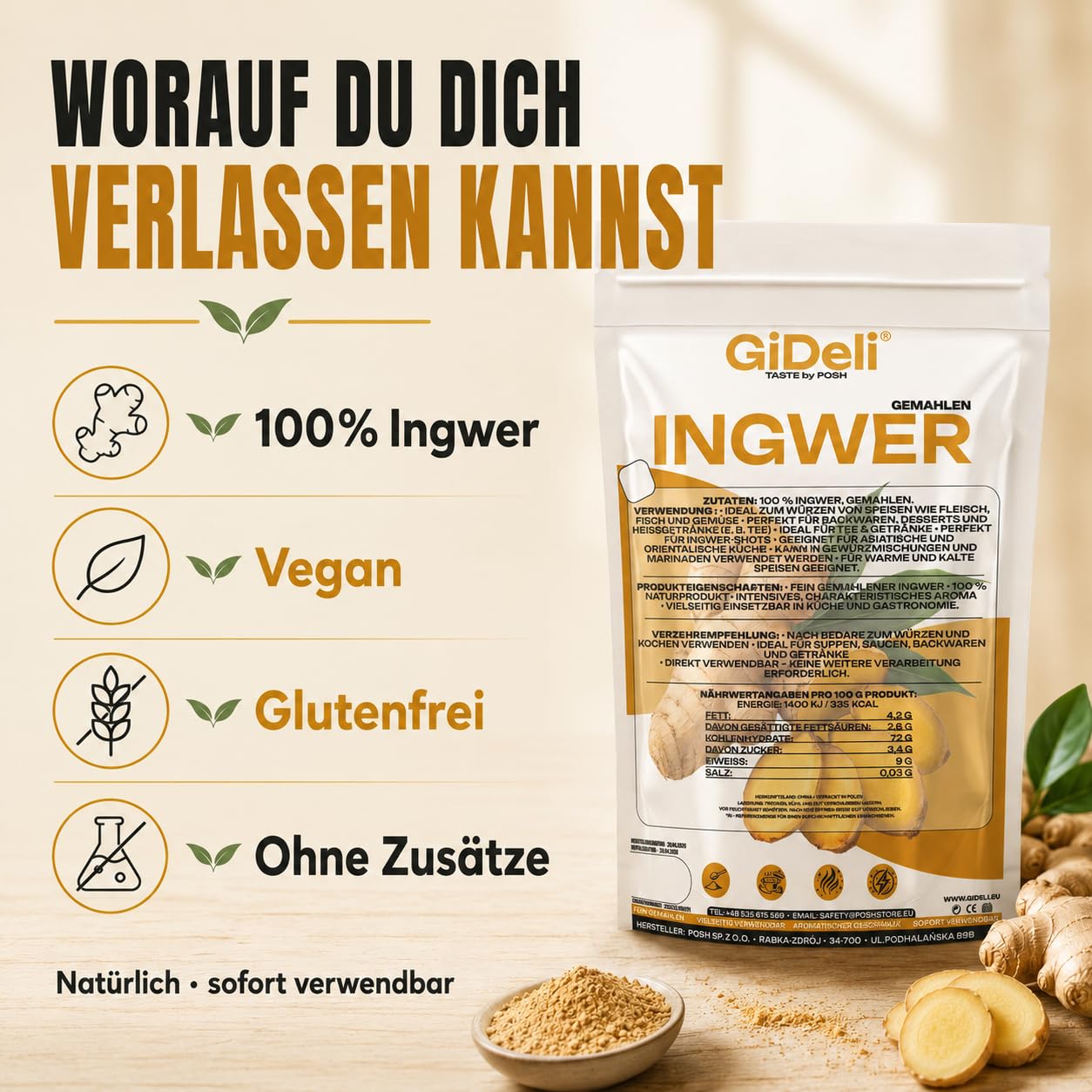 GiDeli Ingwerpulver 3x5kg - Naturrein Ohne Künstliche Zusätze - Fein Gemahlen für Tee - Ingwer Shots - Smoothies und Asiatische Gerichte - Schonend Verarbeitet - Vegan
