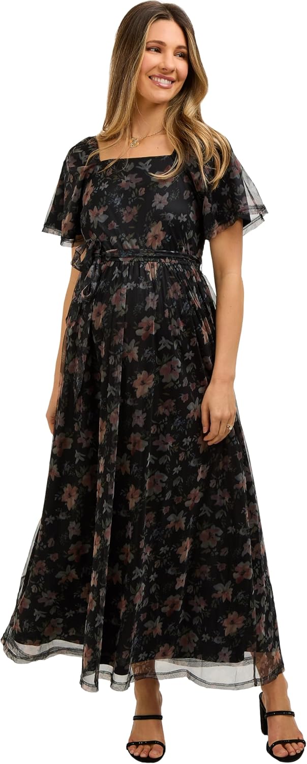 PinkBlush Floral Waist Tie Maternity Midi Dress