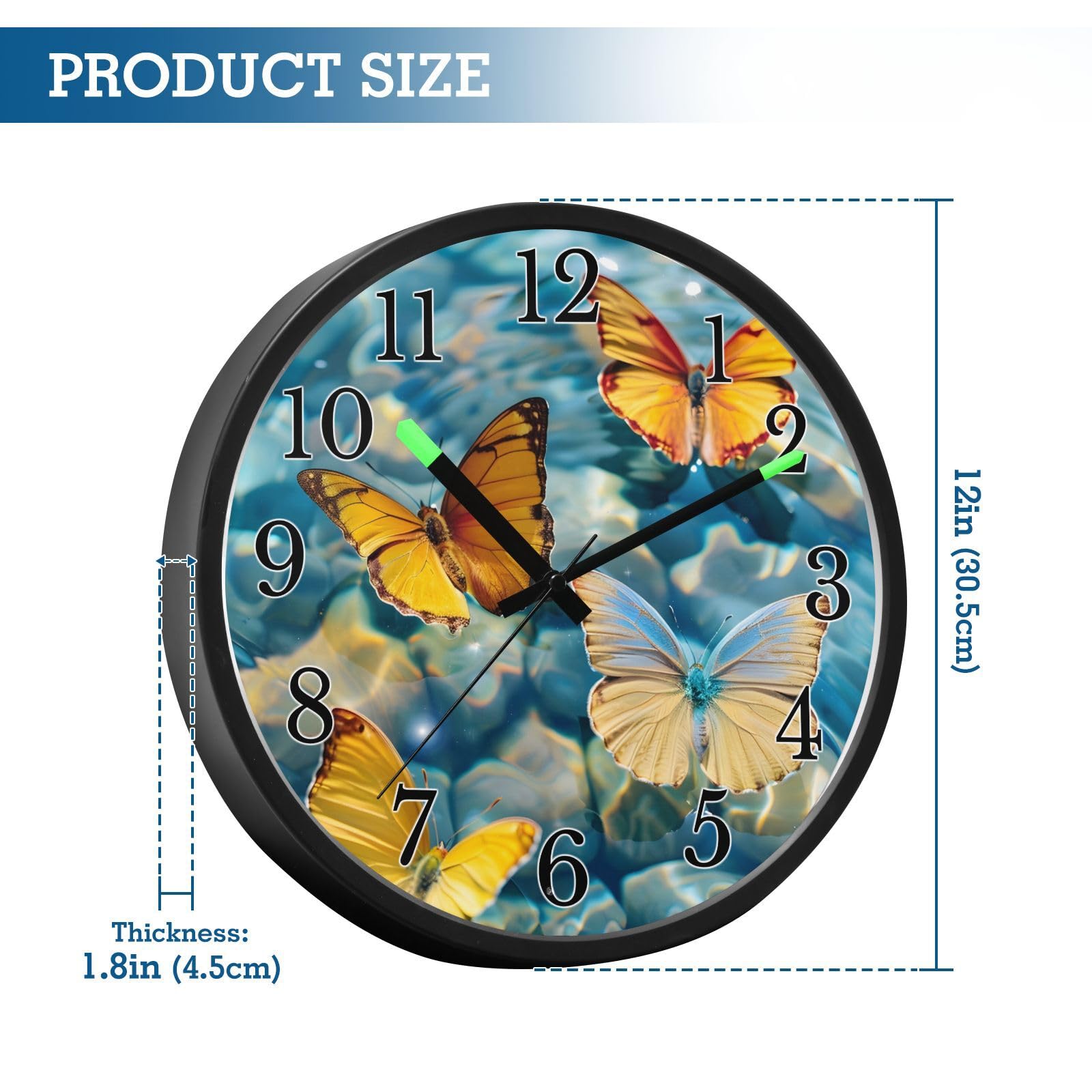 Mnsruu Reloj de pared luminoso con mariposas tropicales, color naranja, funciona con pilas, silencioso, brilla en la oscuridad, para sala de estar, cocina, 12 pulgadas