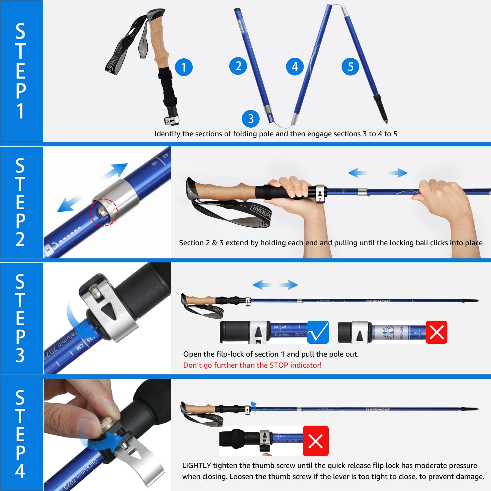 Overmont Bastoni da trekking pieghevoli, in alluminio, ultraleggeri, regolabili, 105-125 cm, bastoncini da trekking, 1 paio con accessori per tutto il terrain